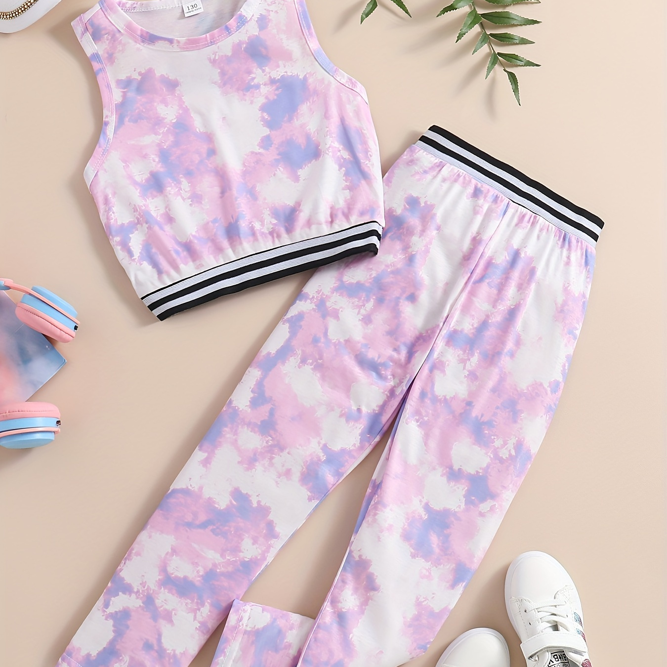 

Dreamy Tie Dye Pattern 2pcs Girls Sleeveless Top + Pants Set Outdoor Gift Sports