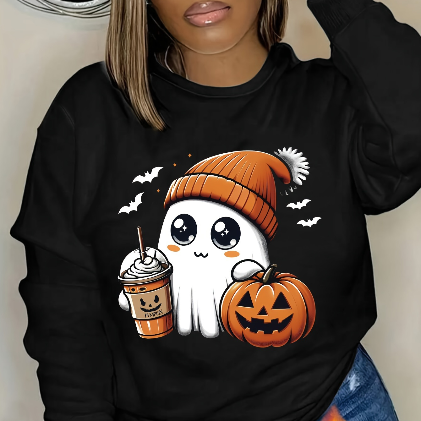 

Cartoon Print Crew Neck Sweatshirt - 100% Polyester Casual Knit Sweater With Applique Details For Fall/winter