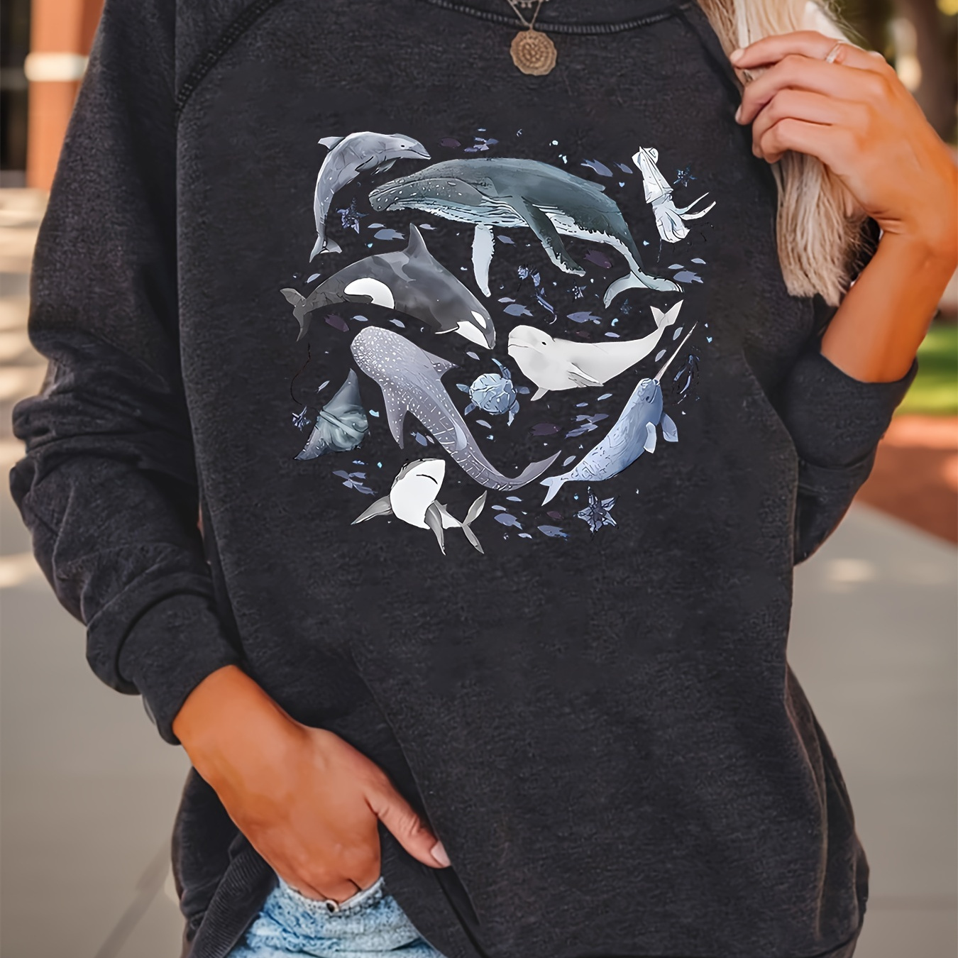 

Whale Print Sweatshirt, Long Sleeve Crew Neck Casual Sweatshirt For Fall & Spring, Women's Clothing