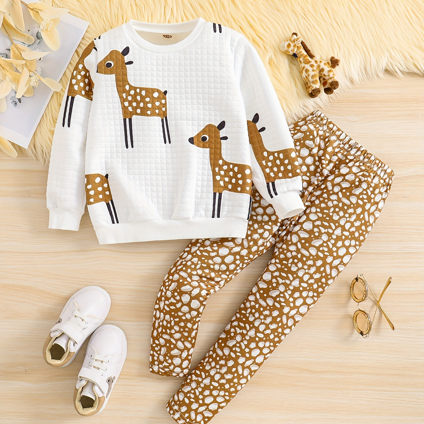 

Toddler Girl's Cartoon Deer Pattern 2pcs, Waffle Texture Sweatshirt & Leggings Set, Casual Outfits, Kids Clothes For Spring Fall