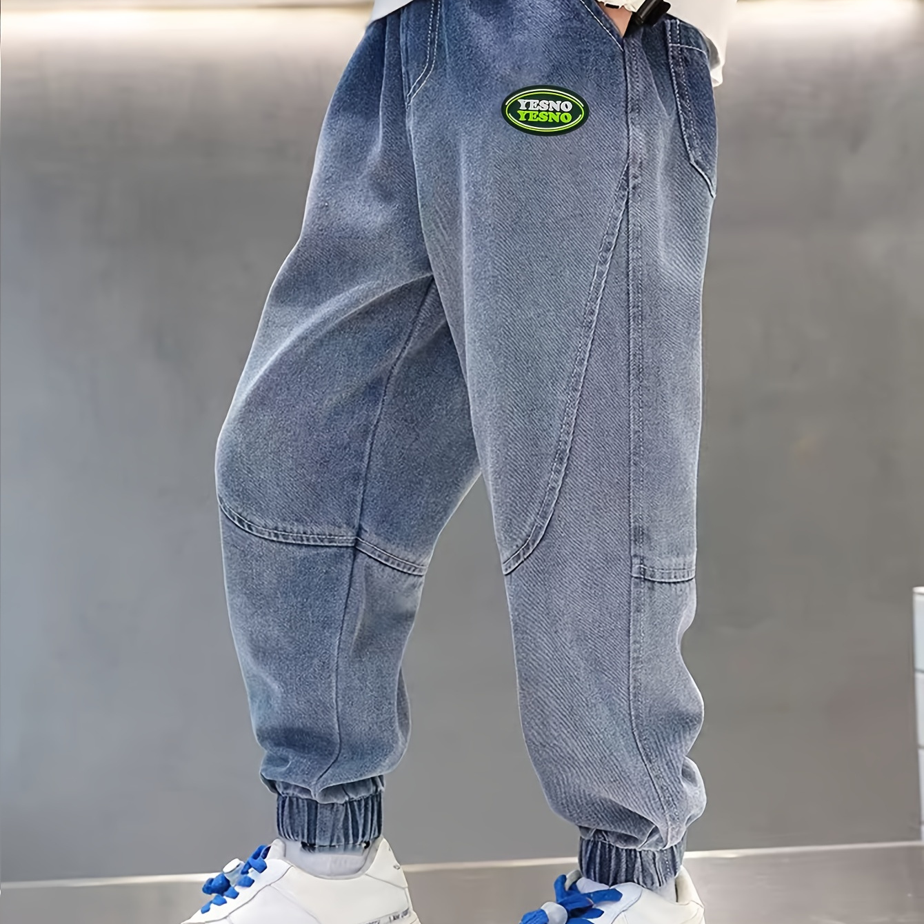 

Boys Casual Cargo Denim Pants, Stylish Elastic Waist Jogger Pants With Pockets, Boys Clothes Outdoor