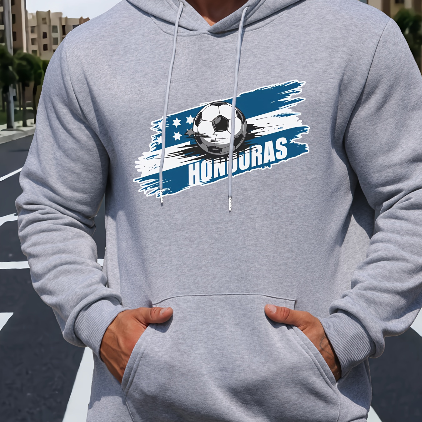 

Stylish Soccer Ball Pattern With Honduras Print, Men's Drawstring Sweatshirt Hoodies, Men's Comfy Casual Pullover Long Sleeve Hoodies With Kangaroo Pocket For Daily Wear