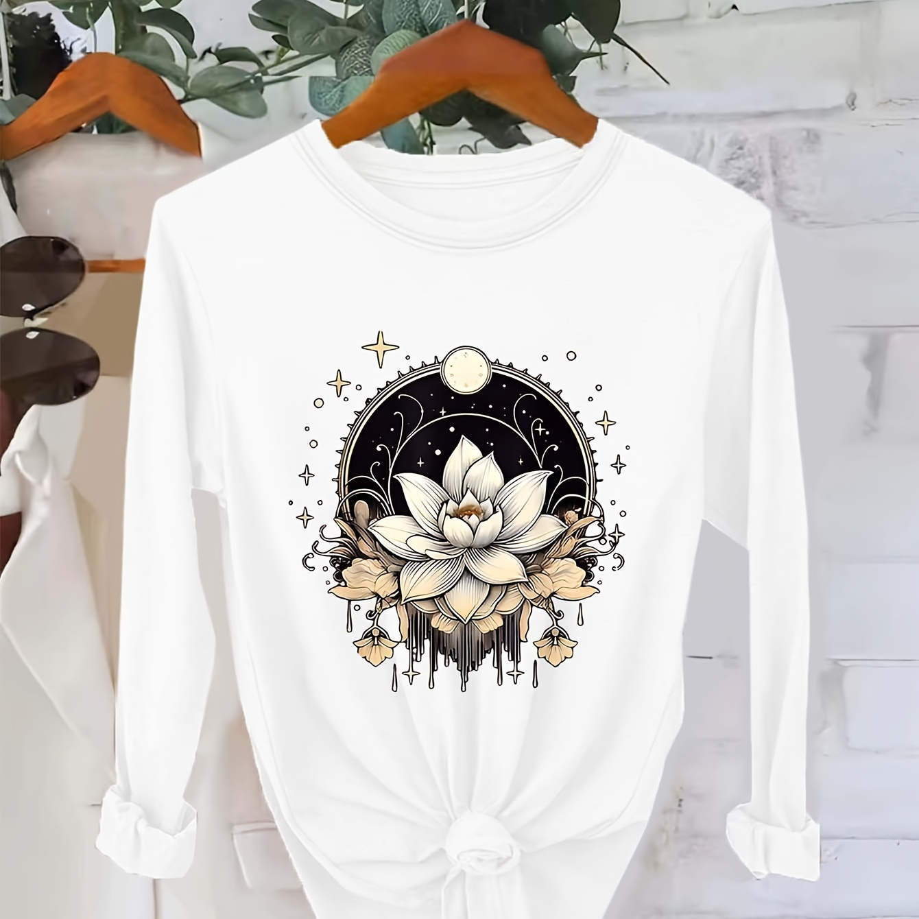 

Lotus Print Crew Neck T-shirt, Casual Long Sleeve Top For Spring & Fall, Women's Clothing