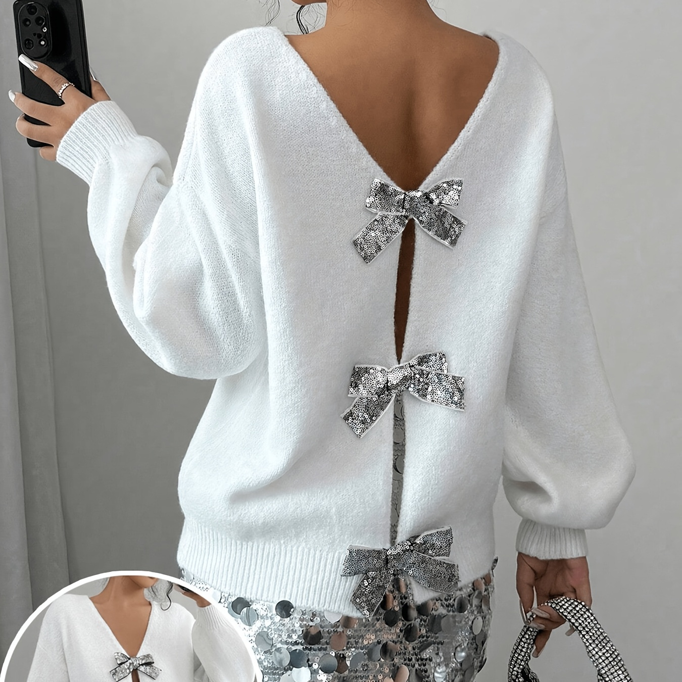 

Women's Elegant V-neck Sweater With Bowknot Sequins, Viscose 65% Polyester 35%, Knit Fabric, Solid For Autumn/winter