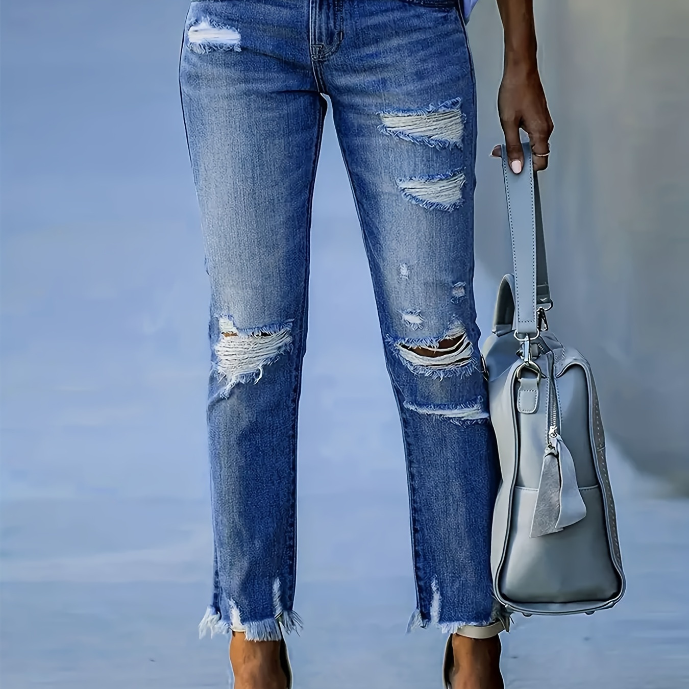 

Women's Casual Slim Fit Stretch Ripped Washed Cropped Ankle Jeans, Fashion Distressed Denim Pants For Streetwear