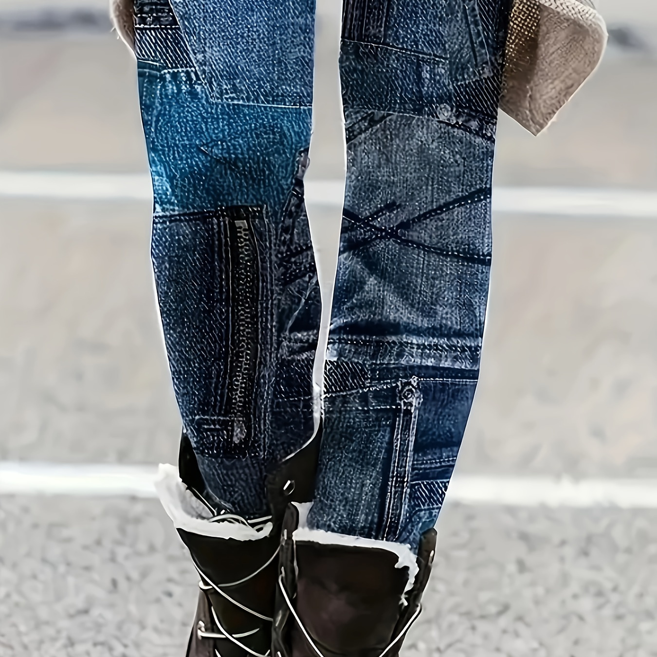 

Elegant Style| Women's Stretch Denim-look Leggings - Casual Waist, Patchwork Jeans Design, Polyester, Machine Washable