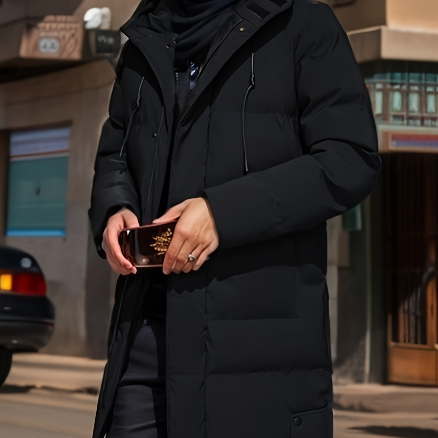 

Warm Hooded Mid-length Jacket, Men's Casual Zip Up Jacket Overcoat For Fall Winter Outdoor