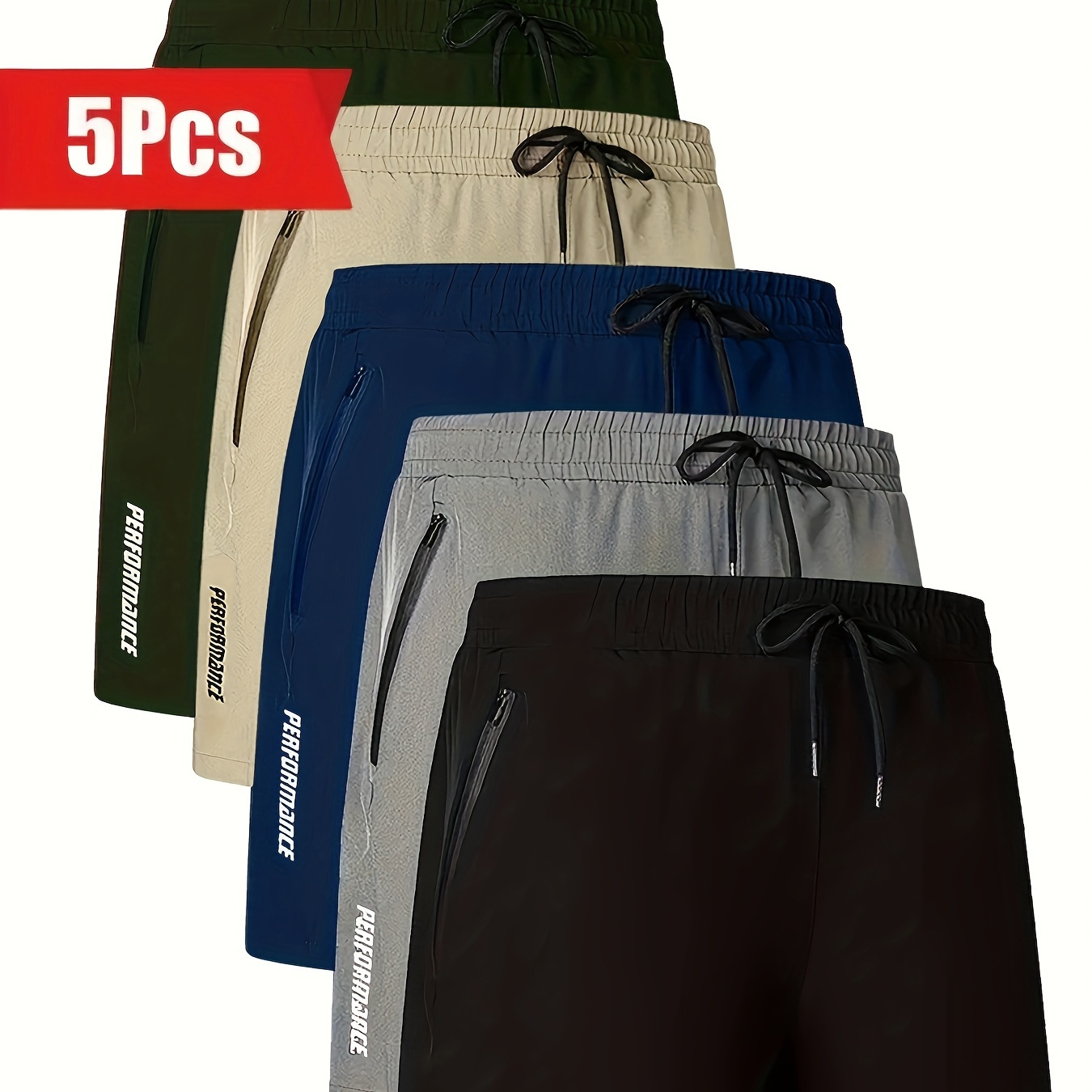 

5pcs Men's Casual Shorts With Zippered Pockets, Breathable Waterproof Fabric, Assorted Colors - Ideal For Summer