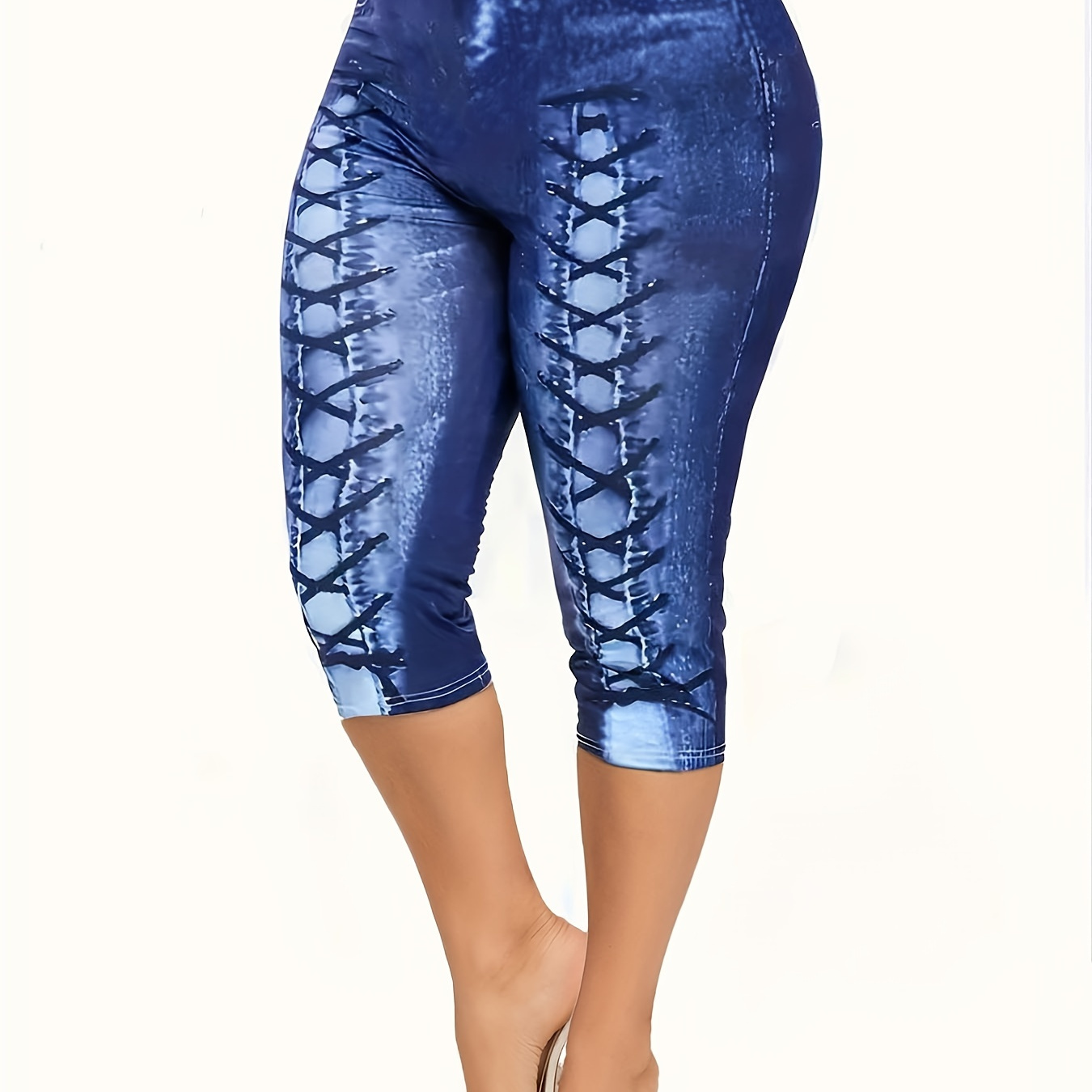 

Plus Size Casual Leggings, Women's Plus Denim Print Stretchy Skinny Capri Leggings