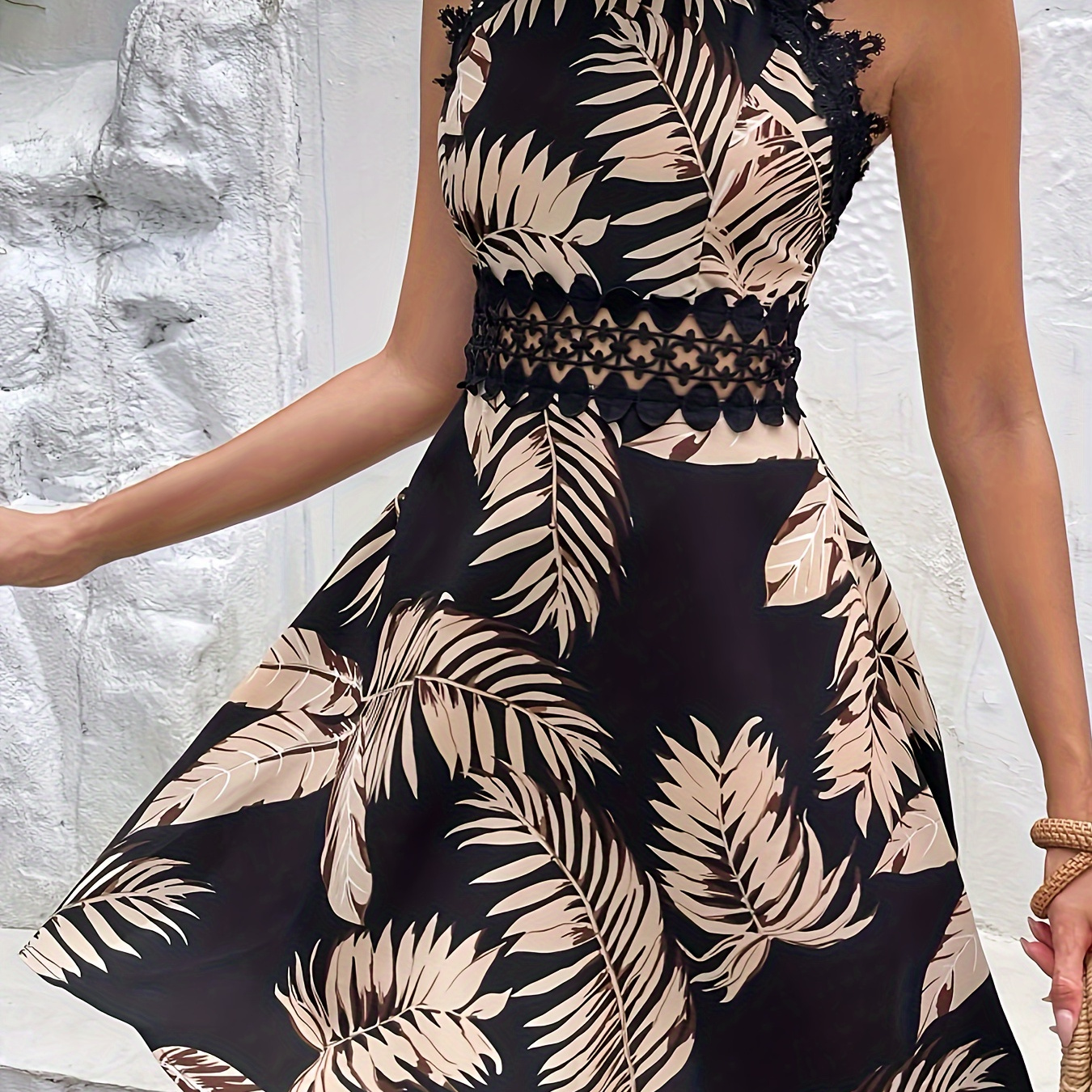 

Plant Print Contrast Lace Cami Dress, Elegant Sleeveless Dress For Spring & Summer, Women's Clothing