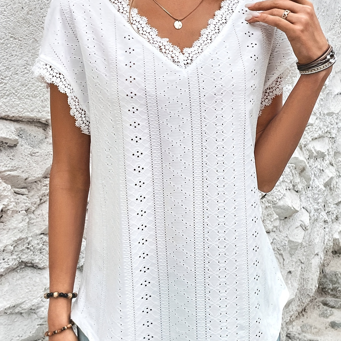 Lace Trim Eyelet Blouse, V Neck Loose Casual Top For Spring & Summer, Women's Clothing