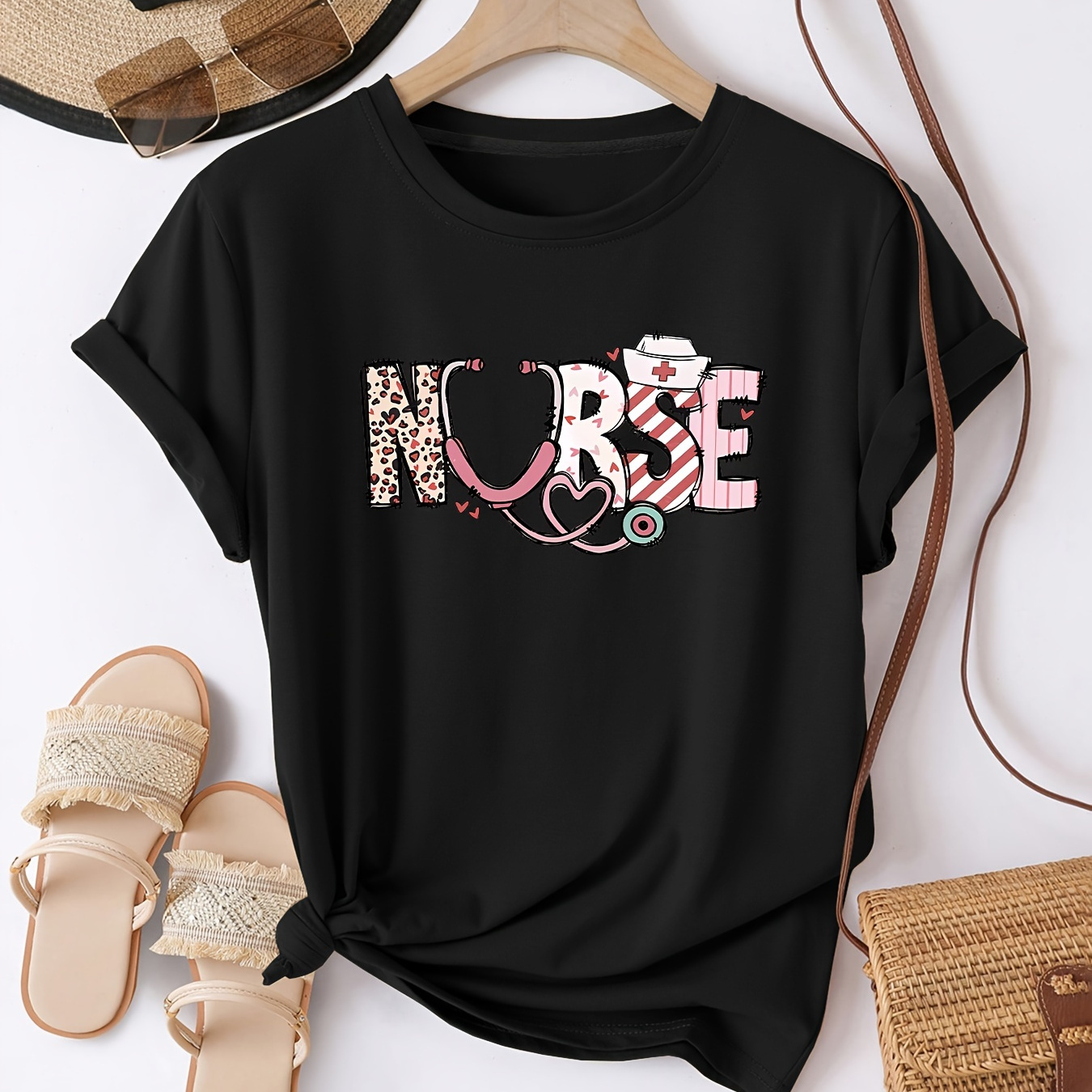 

Nurse's Day Letter Print Casual T-shirt, Round Neck Short Sleeves Stretchy Sports Tee, Women's Comfy Tops