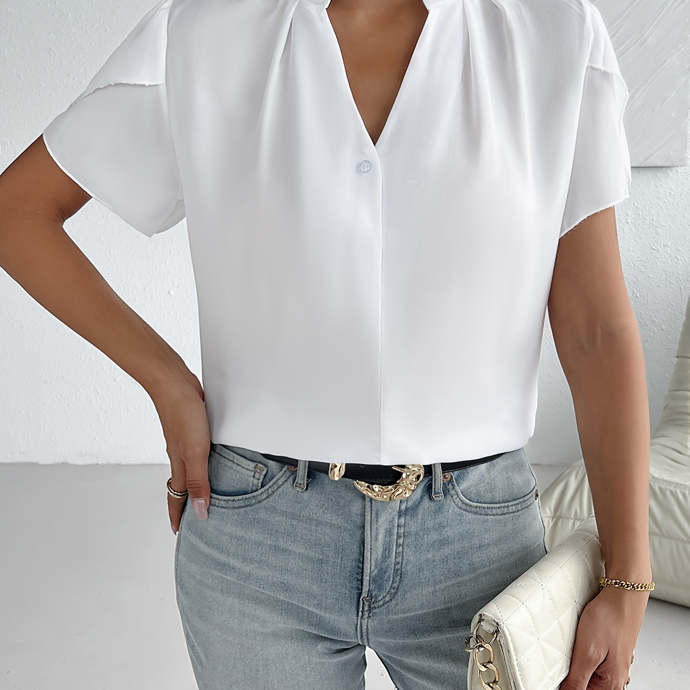 

Solid Petal Short Sleeve Blouse, Elegant Notched Neck Plicated Detail Blouse, Women's Clothing