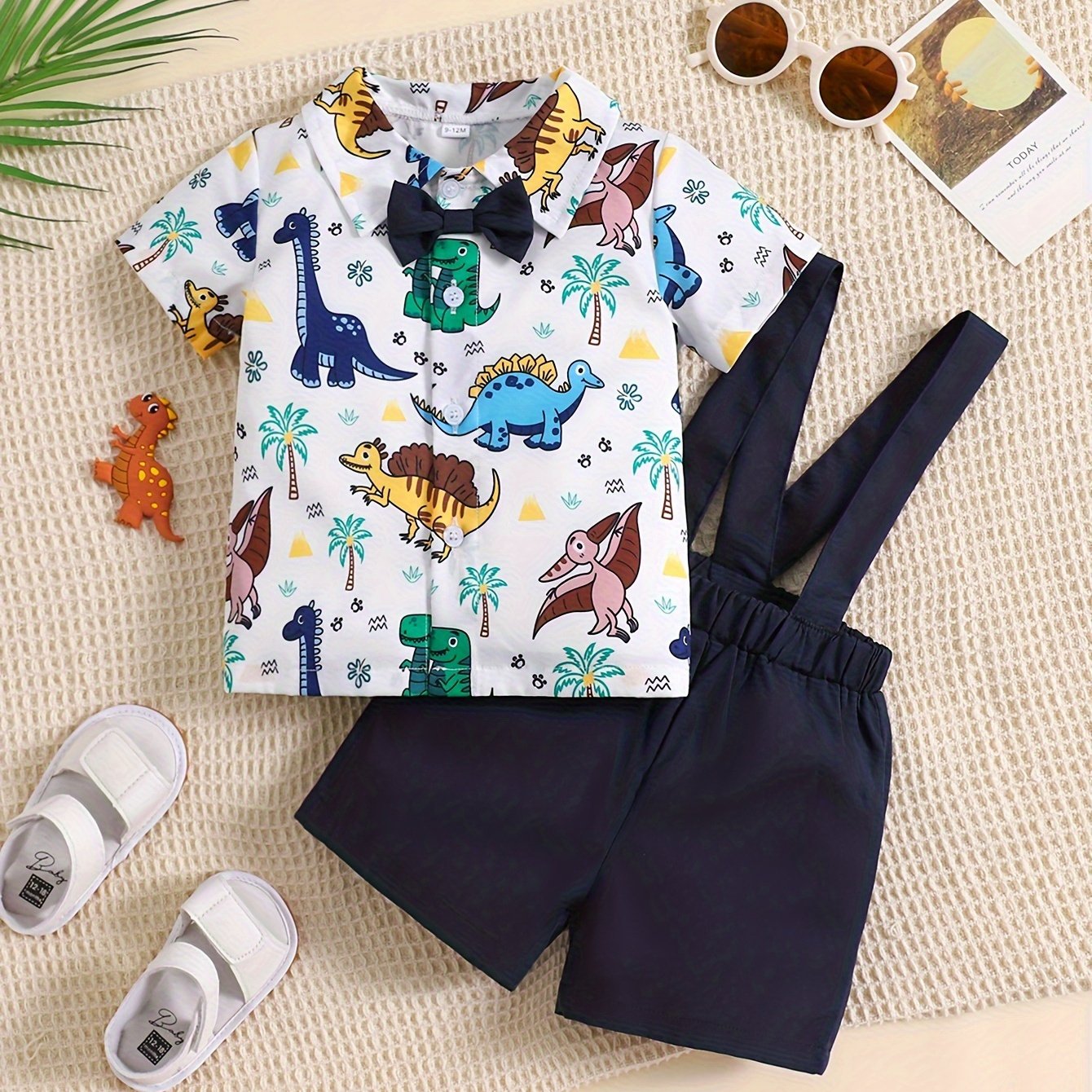 

2pcs Baby Boys' Summer Outfit, Dinosaur Print Short Sleeve Shirt With Bowtie & Suspenders Shorts Set, Gentleman Style, Casual For Infant - Various Sizes Available