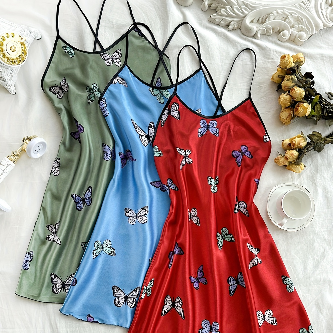 

3 Pcs Women's Butterfly Print Sexy Satin Sleepwear Dress, Round Neck Cross Strappy Backless Slip Dress, Comfortable Nightgown