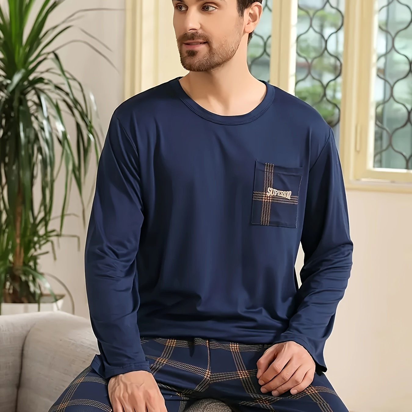 

Men's Casual Pajama Set - Long Sleeve Pants, Round Neck Hoodie - The