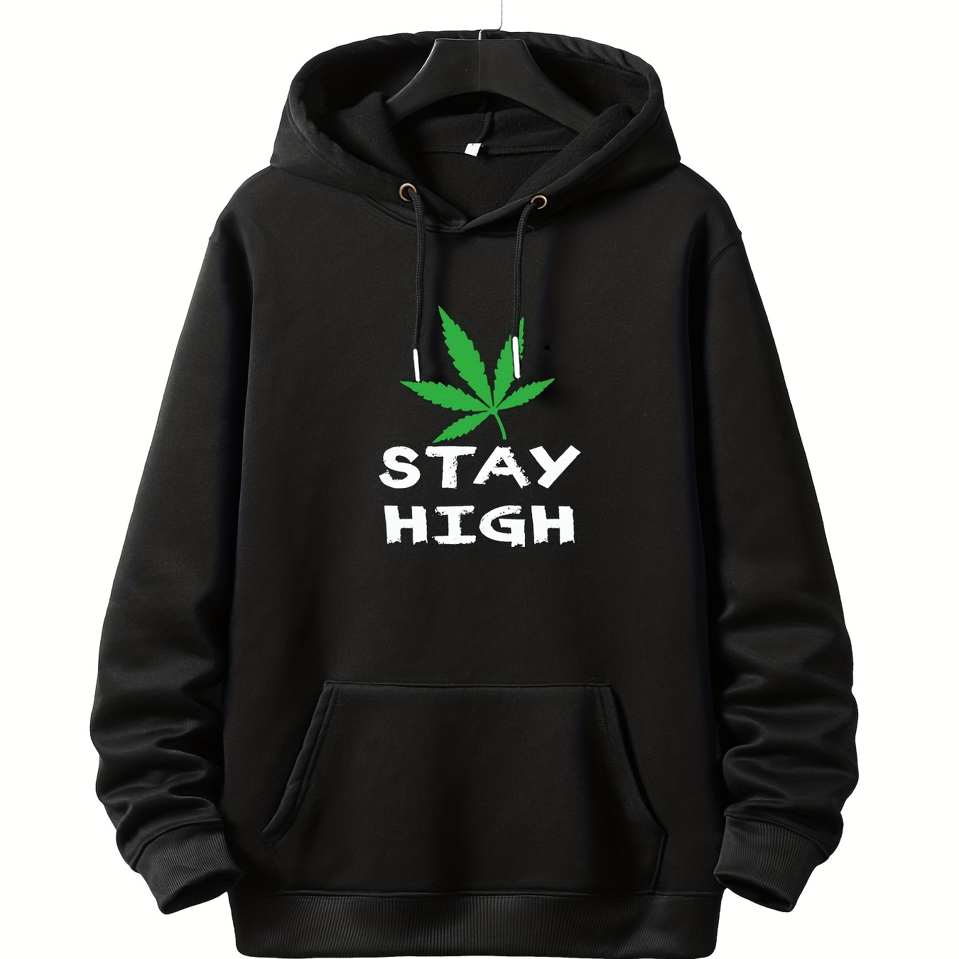 Plus Size Men's "Stay High" Pullover Drawstring Hoodie, Oversized Loose Clothing For Big And Tall Guys