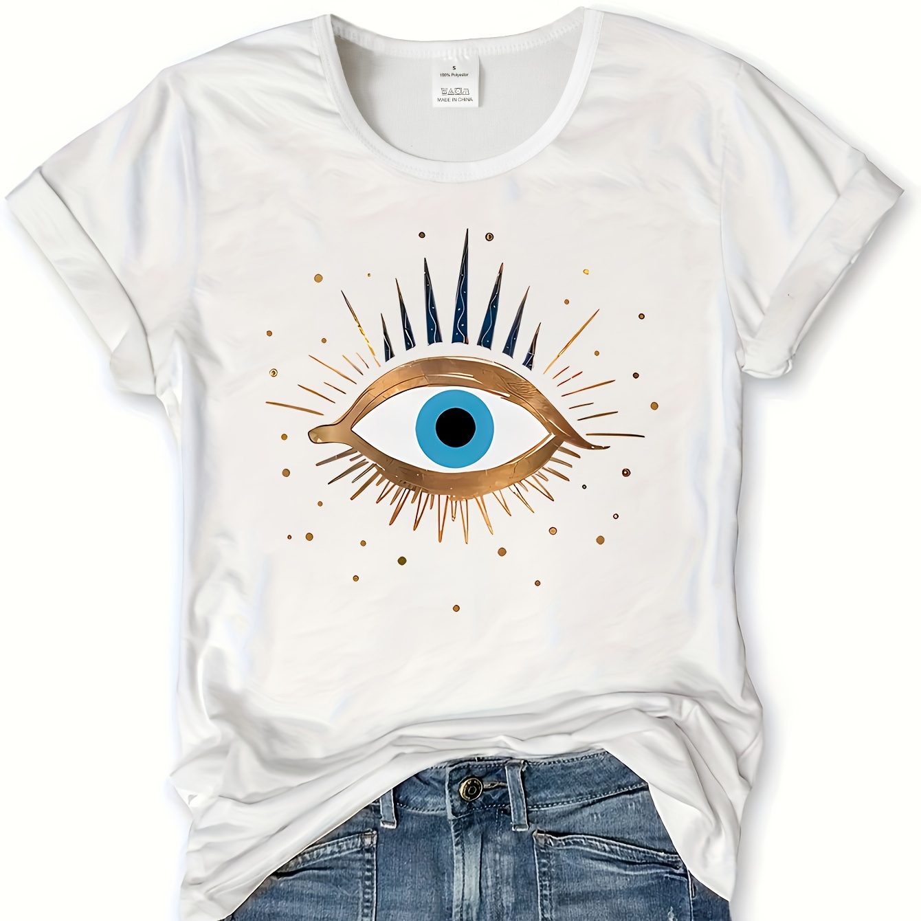 

Evil Eye Graphic Print T-shirt, Short Sleeve Crew Neck Casual Top For Summer & Spring, Women's Clothing