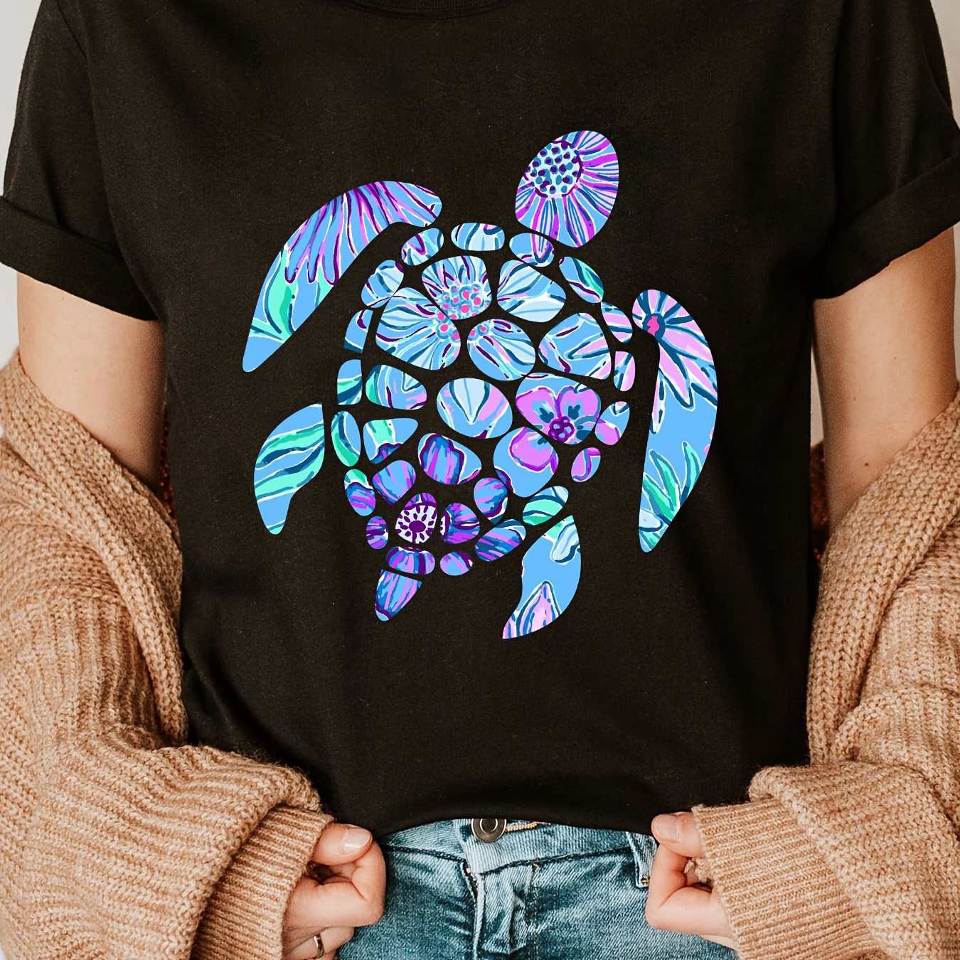 

Turtle Print Crew Neck T-shirt, Short Sleeve Casual Top For Summer & Spring, Women's Clothing
