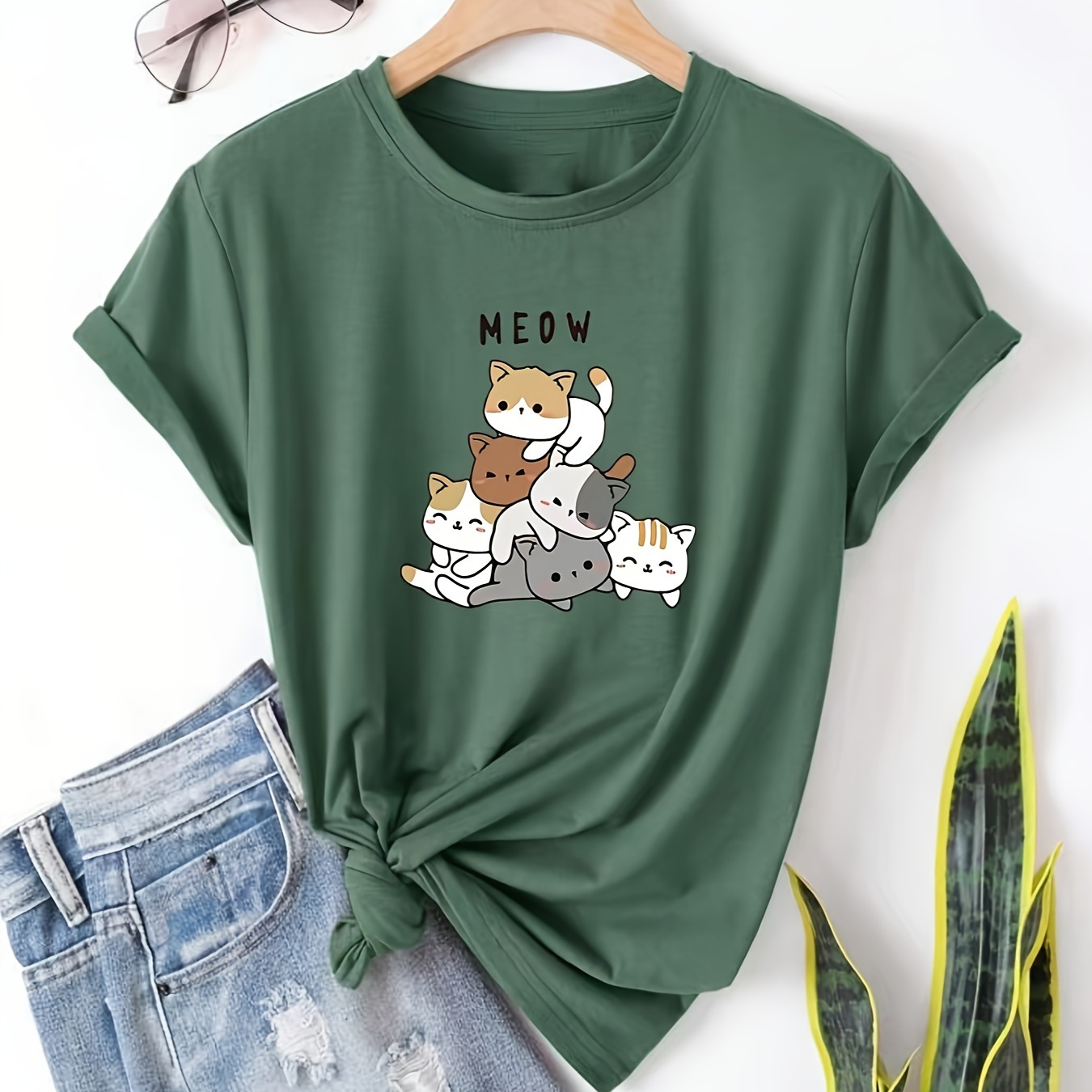 

Cat & Letter Print Summer T-shirt, Cute Short Sleeve Crew Neck Top, Women's Clothing