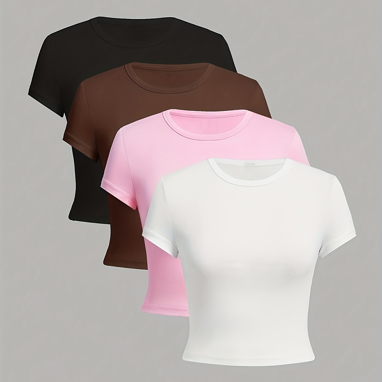 

4 Packs Solid Crew Neck T-shirt, Casual Slim Short Sleeve Crop T-shirt For Spring & Summer, Women's Clothing