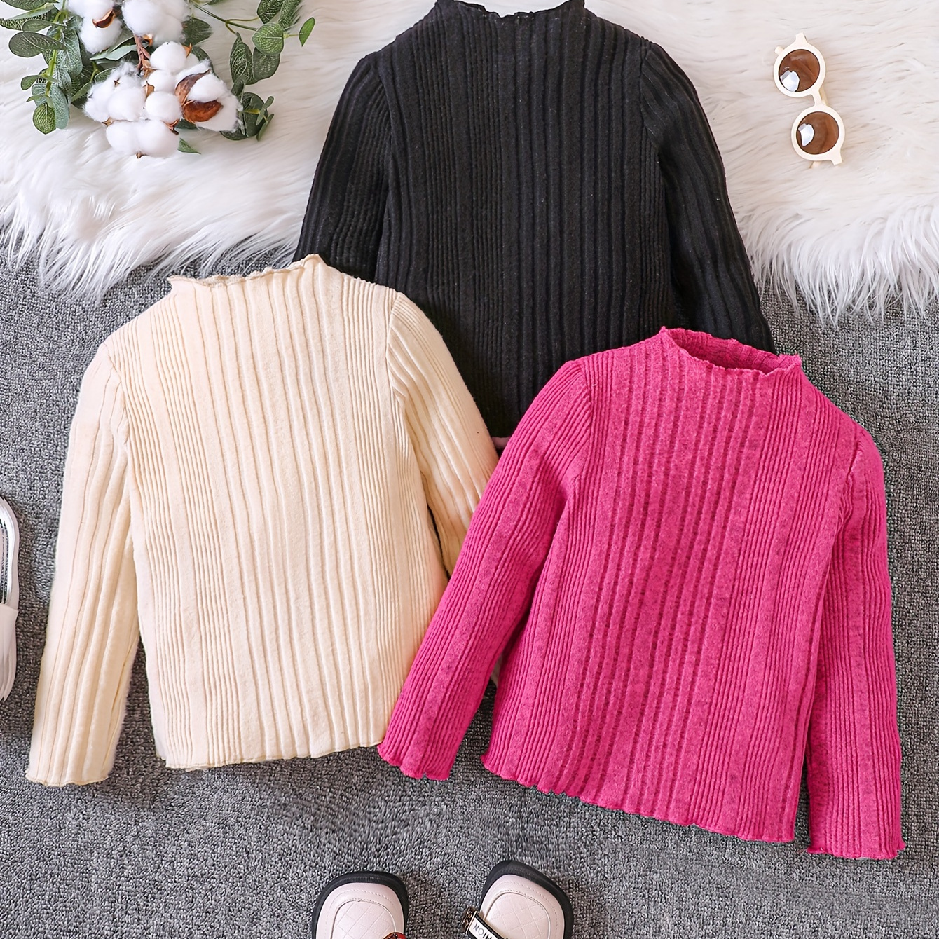 

1pcs Girl's Knit Pullovers Mock Neck Lettuce Trim Long Sleeve T-shirt Top Undershirt