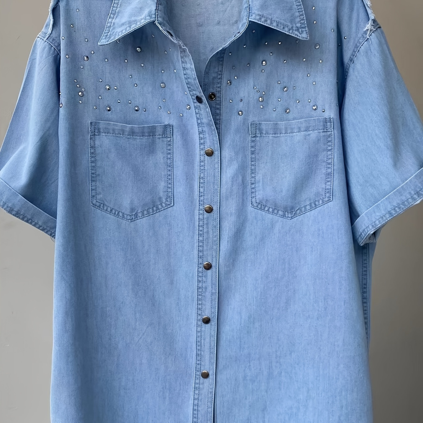 

Women's Plus Size Rhinestone Embellished Denim Shirt, Street Style, Short Sleeves, Relaxed Fit, Casual Chic Top With Button Down Closure