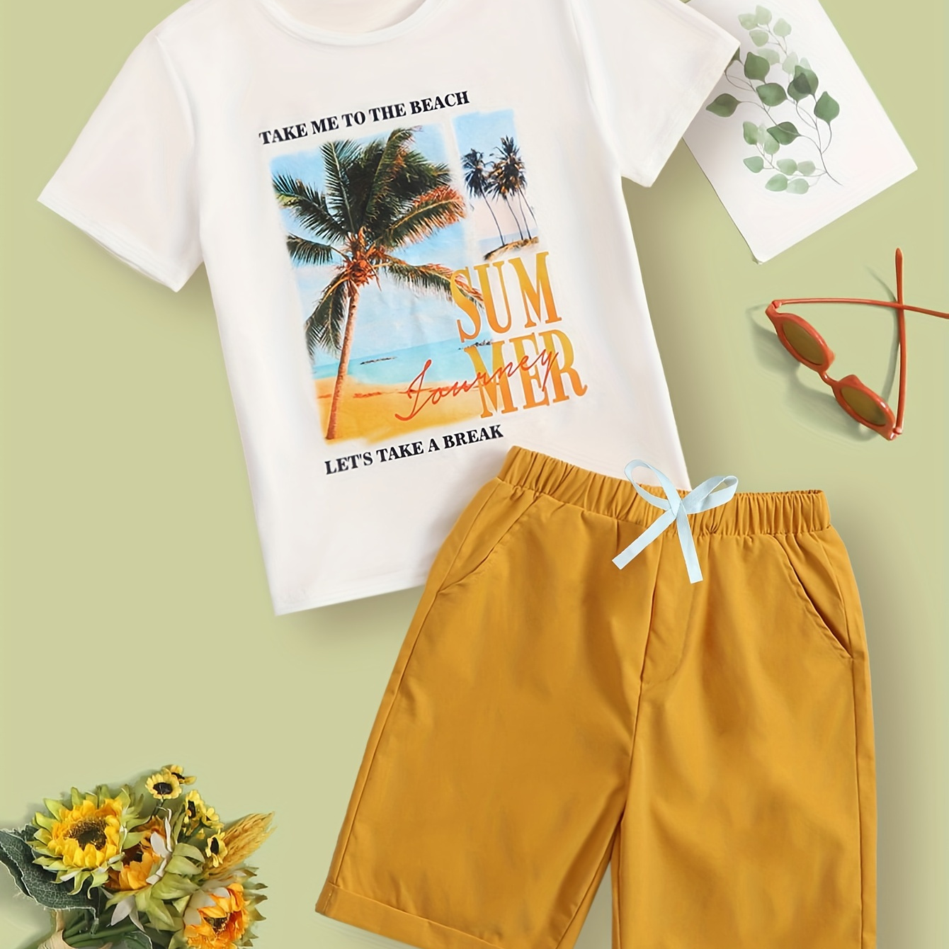 

Boy's Coconut Tree Pattern 2pcs Casual Outfit, T-shirt & Shorts Set, Boy's Clothes For Summer Beach Holiday