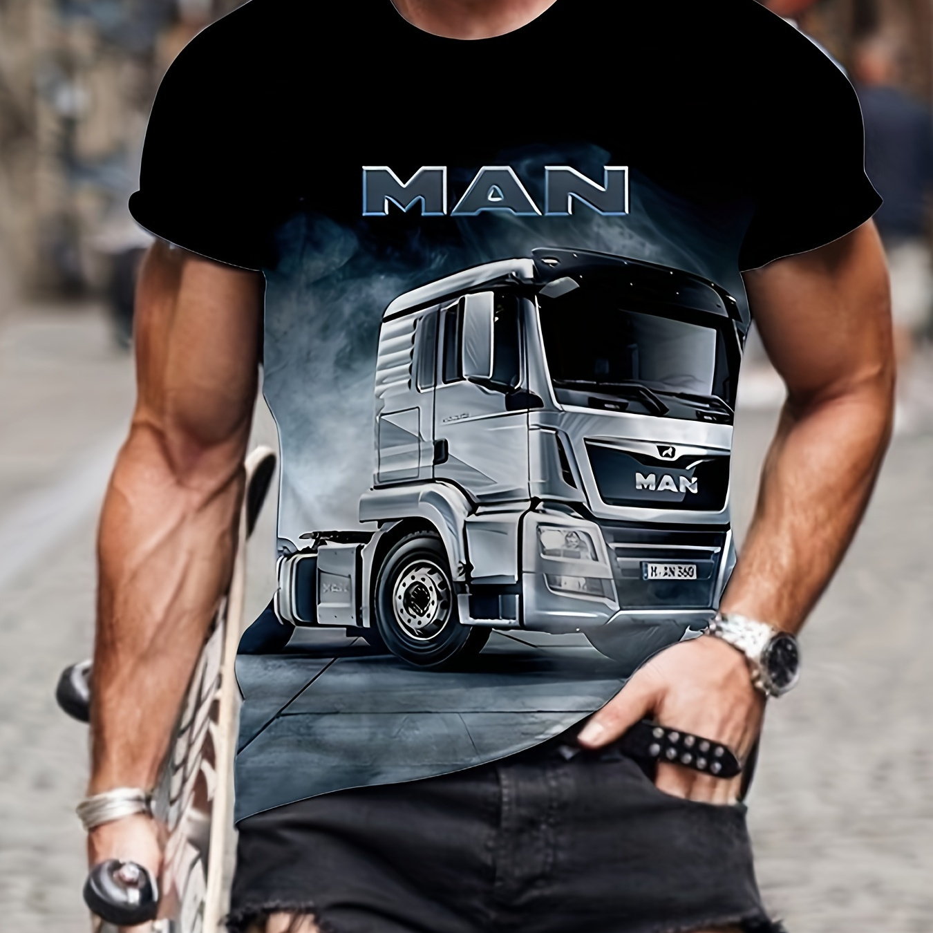 

Men's 3d Digital Truck Pattern And Letter Print "man" Crew Neck Short Sleeve T-shirt, Novel And Cool Tops For Summer Sports Wear And Outdoors Activities