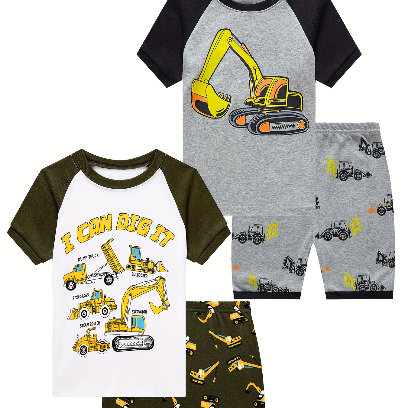 

2 Sets Boys' Casual Style Excavator And Construction Machinery Prints Short Sleeve Pajama Sets, Spring/summer Cotton Home Wear