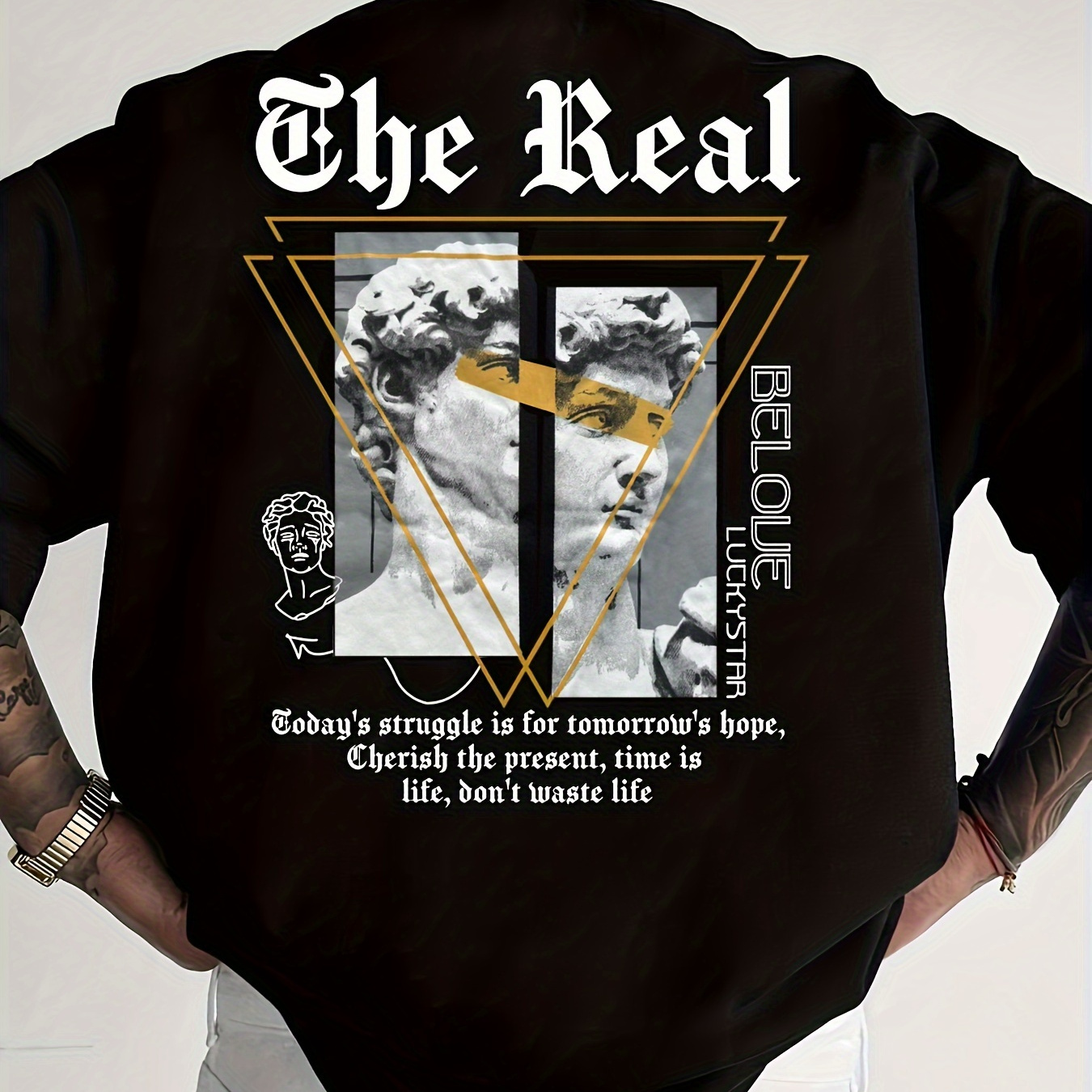 

Men's 3d Digital Sculpture Pattern And Letter Print "the Real" Crew Neck And Short Sleeve T-shirt, Chic And Trendy Leisure Tops For Summer Street Wear