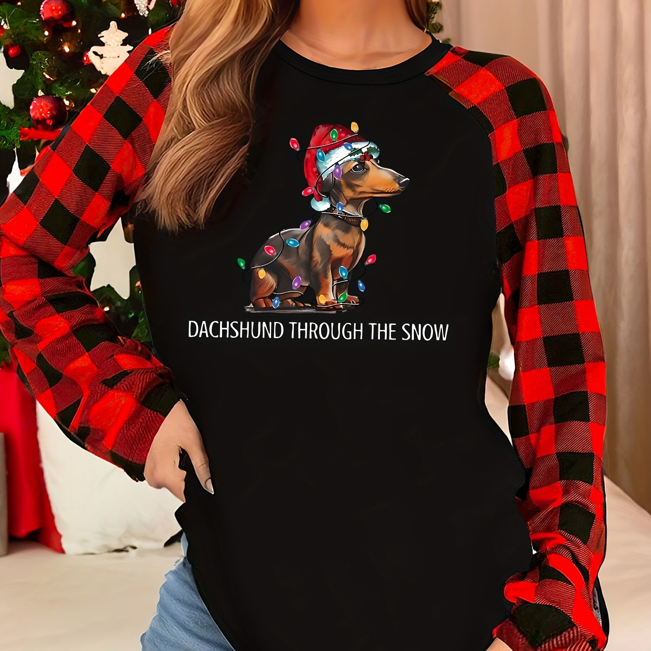 

Women's Christmas Dachshund Graphic Long Sleeve Top - Casual Polyester Knit With Elastane, Crew Neck, Raglan Sleeve, Seasonal Holiday Print Pullover