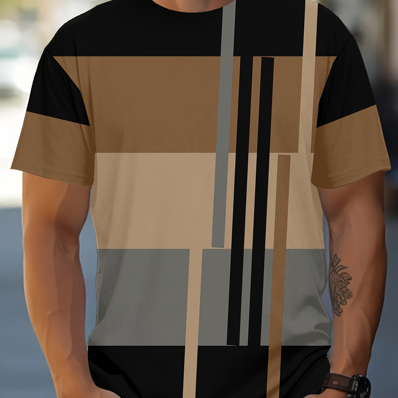 TEMU Men's Color Block Striped T-shirt, Short Sleeve Crew Neck Tee, Men's Clothing For Summer Outdoor