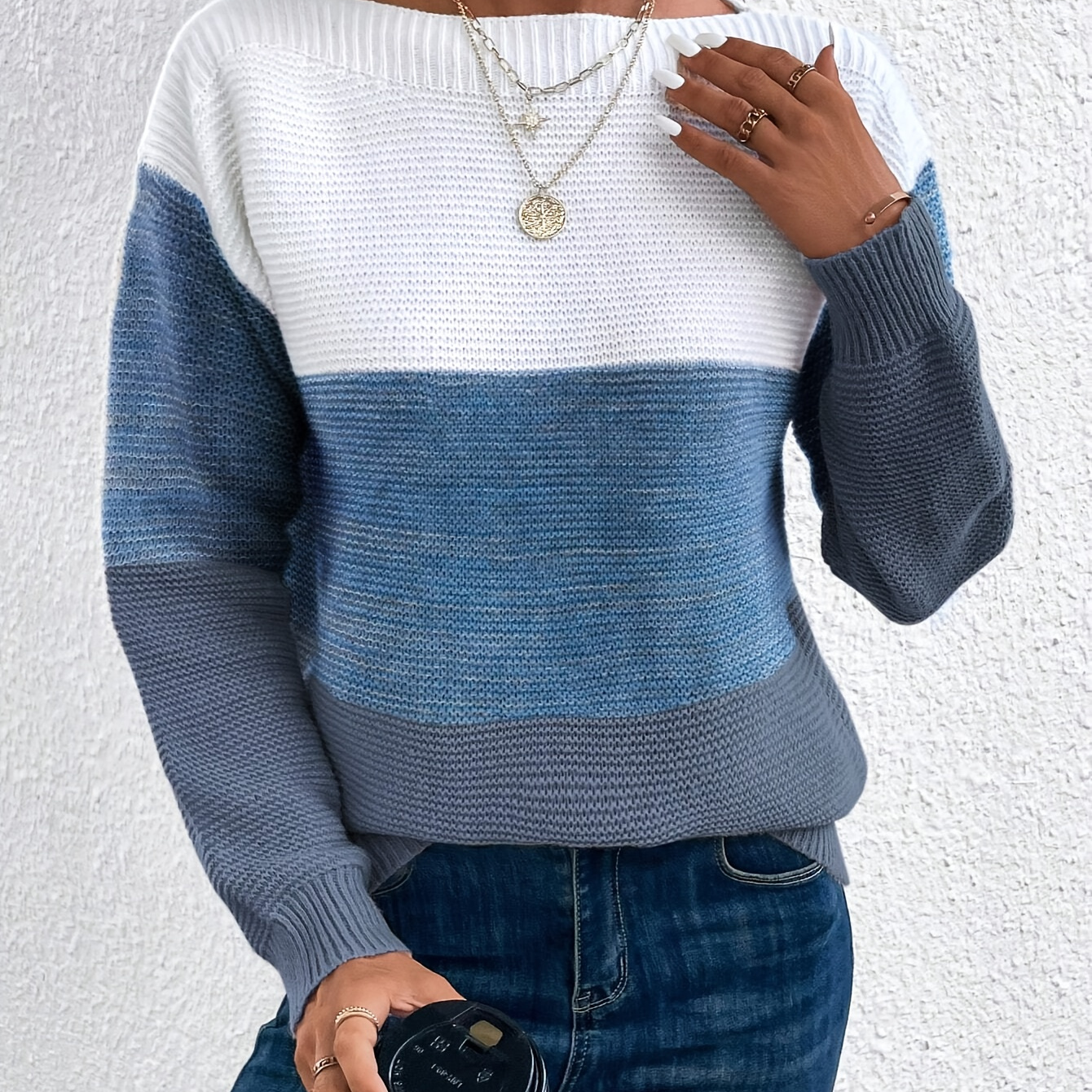 

[trendy Knitwear] Women's Casual Off-shoulder Sweater - Chic Boat Neck, Long Sleeve, 100% Polyester Knit, Spring/fall