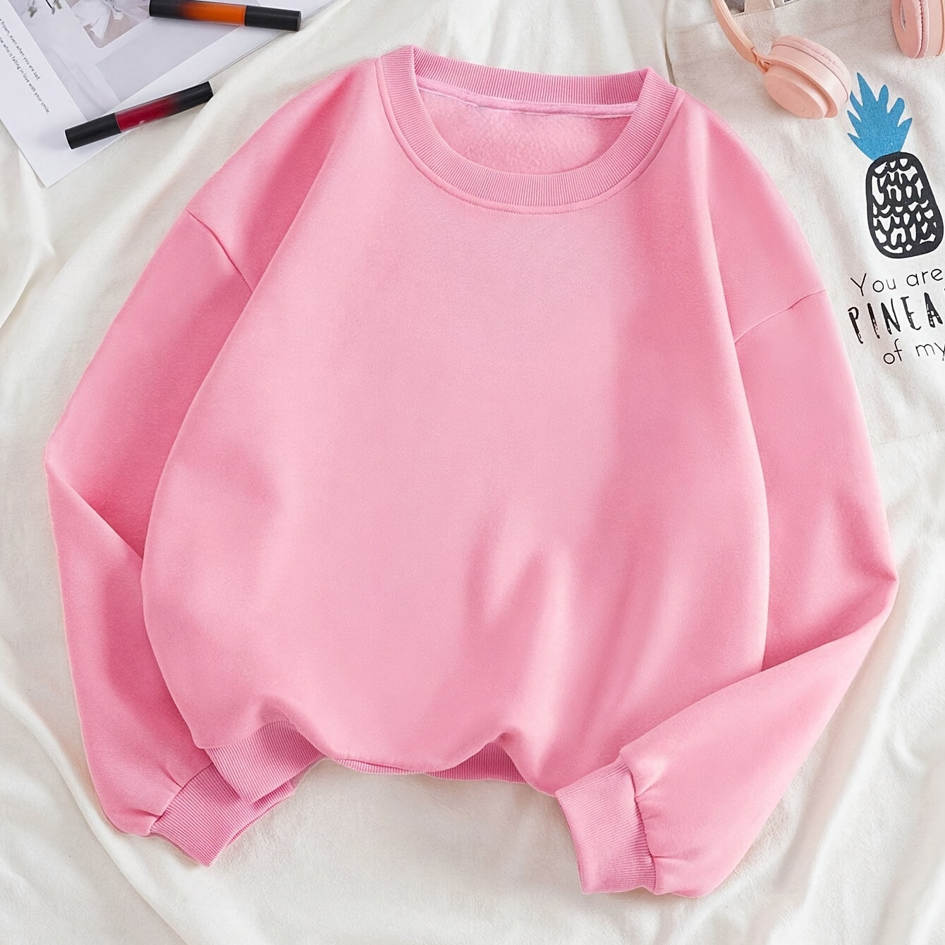 

Women's Basic Solid Color Round Neck Long Sleeve Plush Lined Pullover Sweatshirt, Warm And Sportswear Top, Thermal Wear