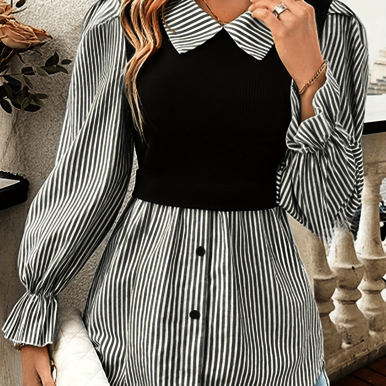 

Chemise à Rayures Longue Manche pour Femme avec Col Élégant à , Haut à Rayures Noires et Blanches