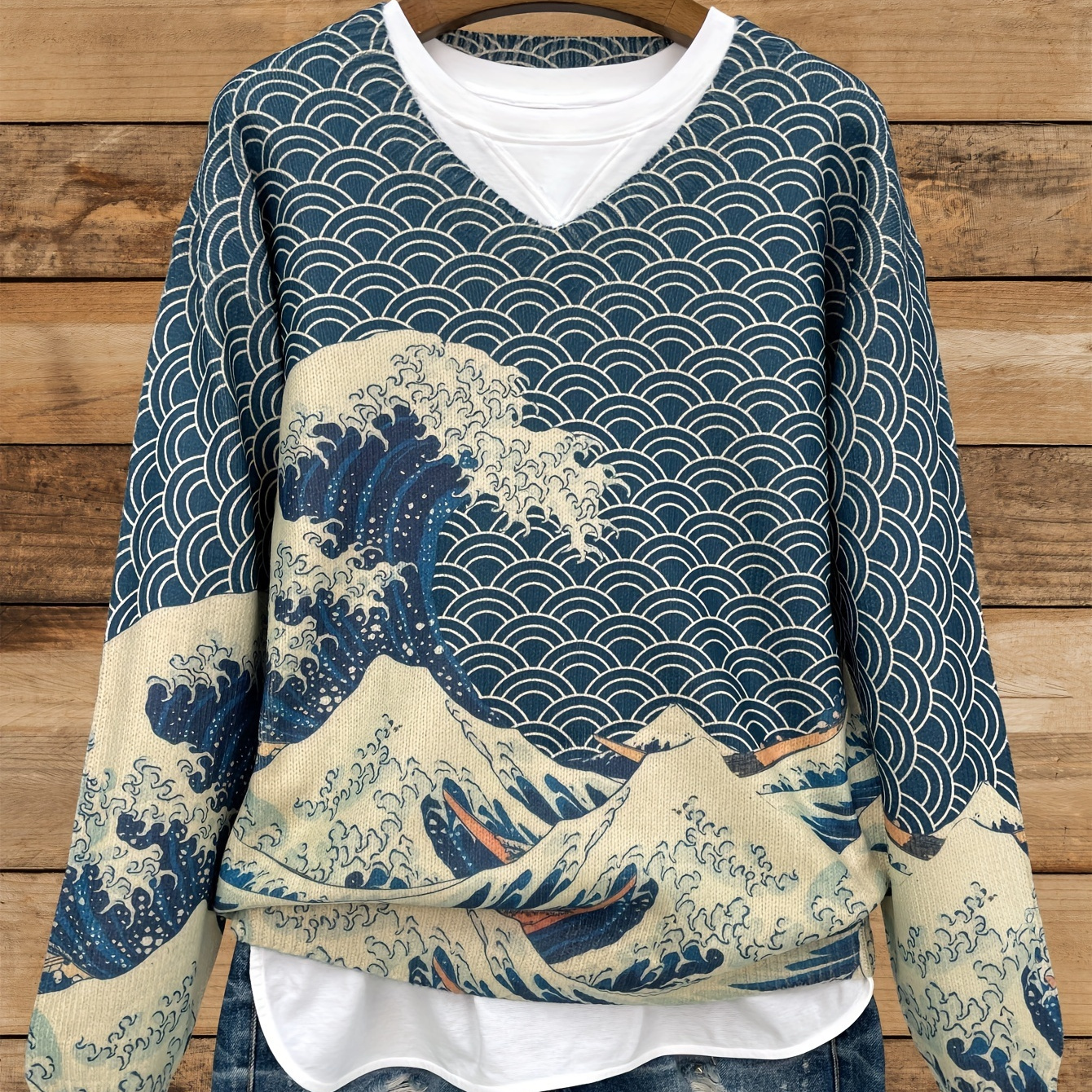 

[all-] [] [woven Effect Print] [v-neck] [sweater] All- Woven Effect Print Scenery Pattern Printing Knit, Casual V-neck Long Sleeve Sweater, Women's Clothing