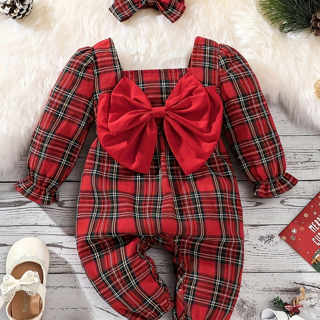 

de Bébé d' - Barboteuse à Longues à Carreaux Rouges Nœud & de Bandeau , Lavable en , Parfaite l'Extérieur