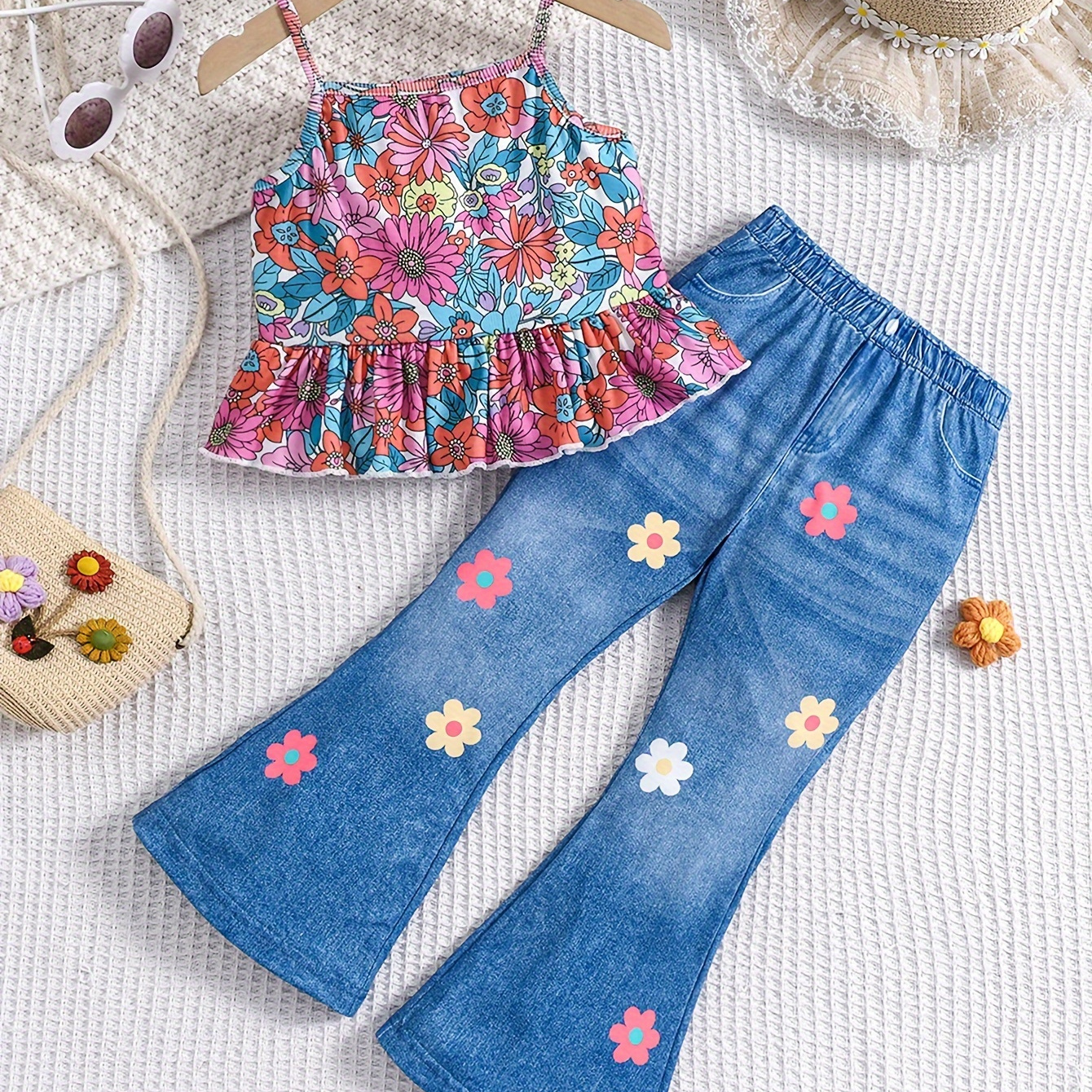 

2pcs, Floral Print Frill Trim Cami Top + Flare Pants Set For Girls, Comfy And Trendy Summer Gift