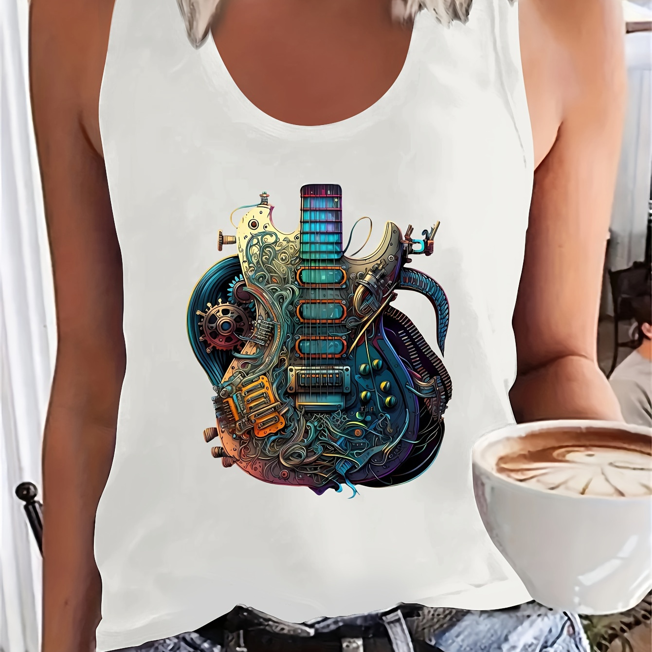 

Guitar Print Crew Neck Tank Top, Sleeveless Casual Top For Summer & Spring, Women's Clothing