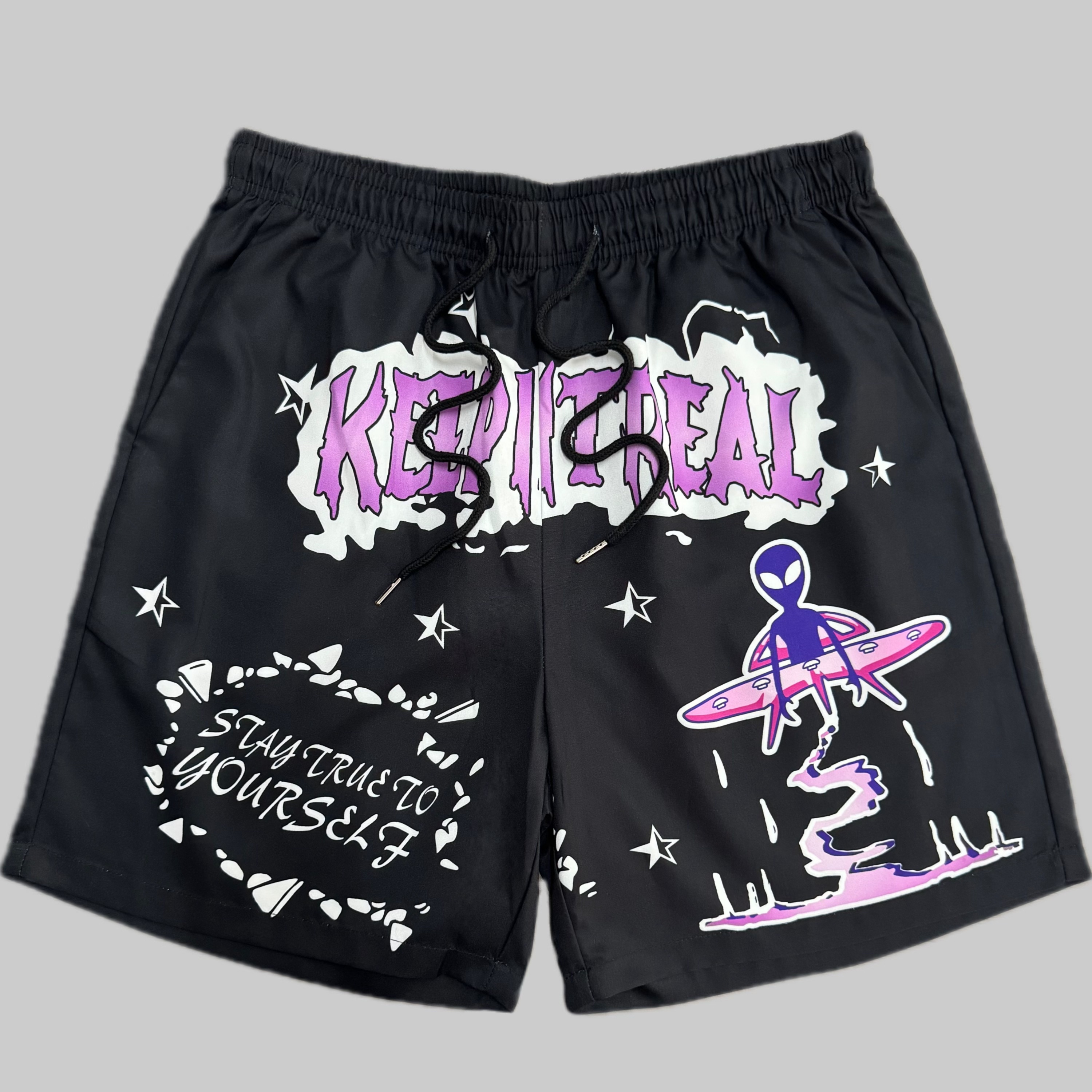 

Men's Casual Black Polyester Shorts With "kestreal" & Surfing Print - Drawstring, Non-stretch Fabric, Smooth Texture, Machine Washable