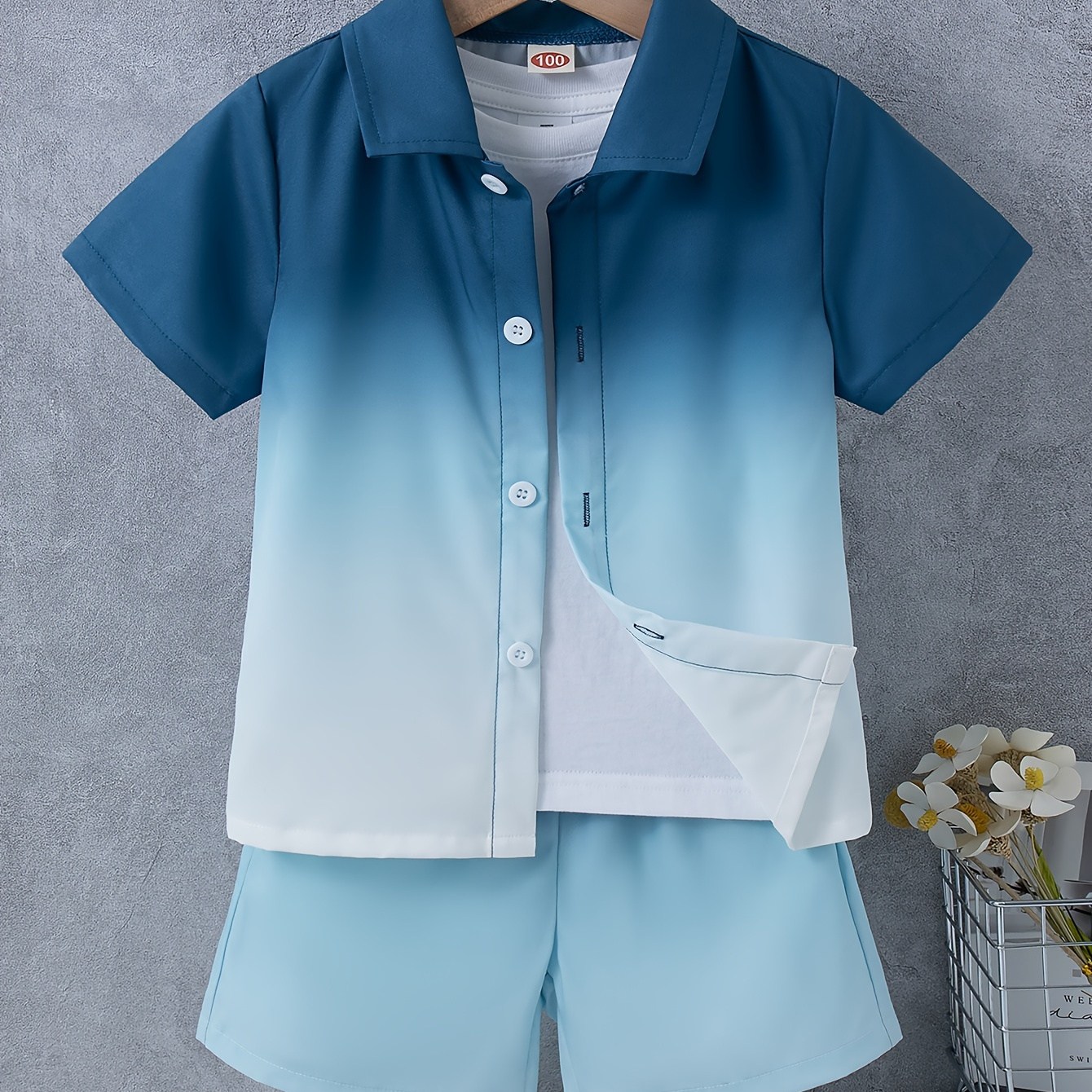 

2pcs Boys Casual Summer Gradient Short Sleeve Lapel Shirt & Shorts Set, Comfy Summer Boys Clothing