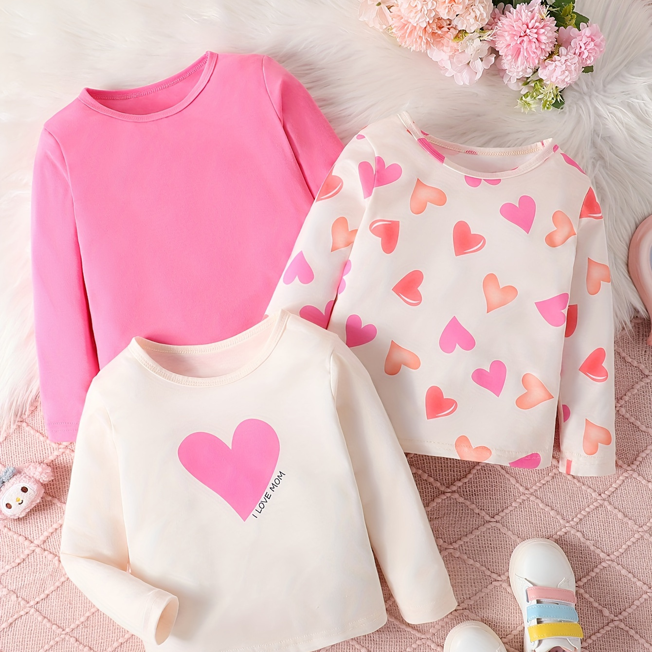 3pcs Girls Sweet Long Sleeve T-shirt Set Solid Heart Pattern Long Sleeve Tees For Spring Fall Gift