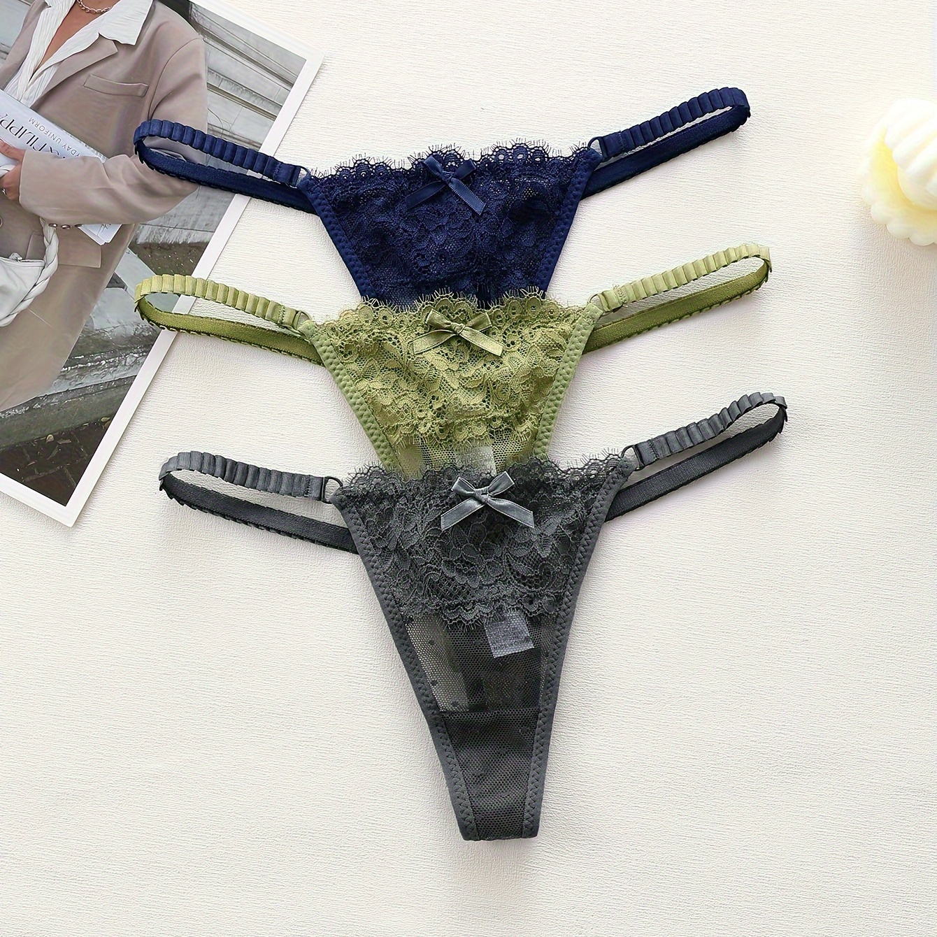 

3pcs Solid Bow Decor Floral Lace Thongs, Sexy Comfy Breathable Stretchy Intimates Panties, Women's Lingerie & Underwear