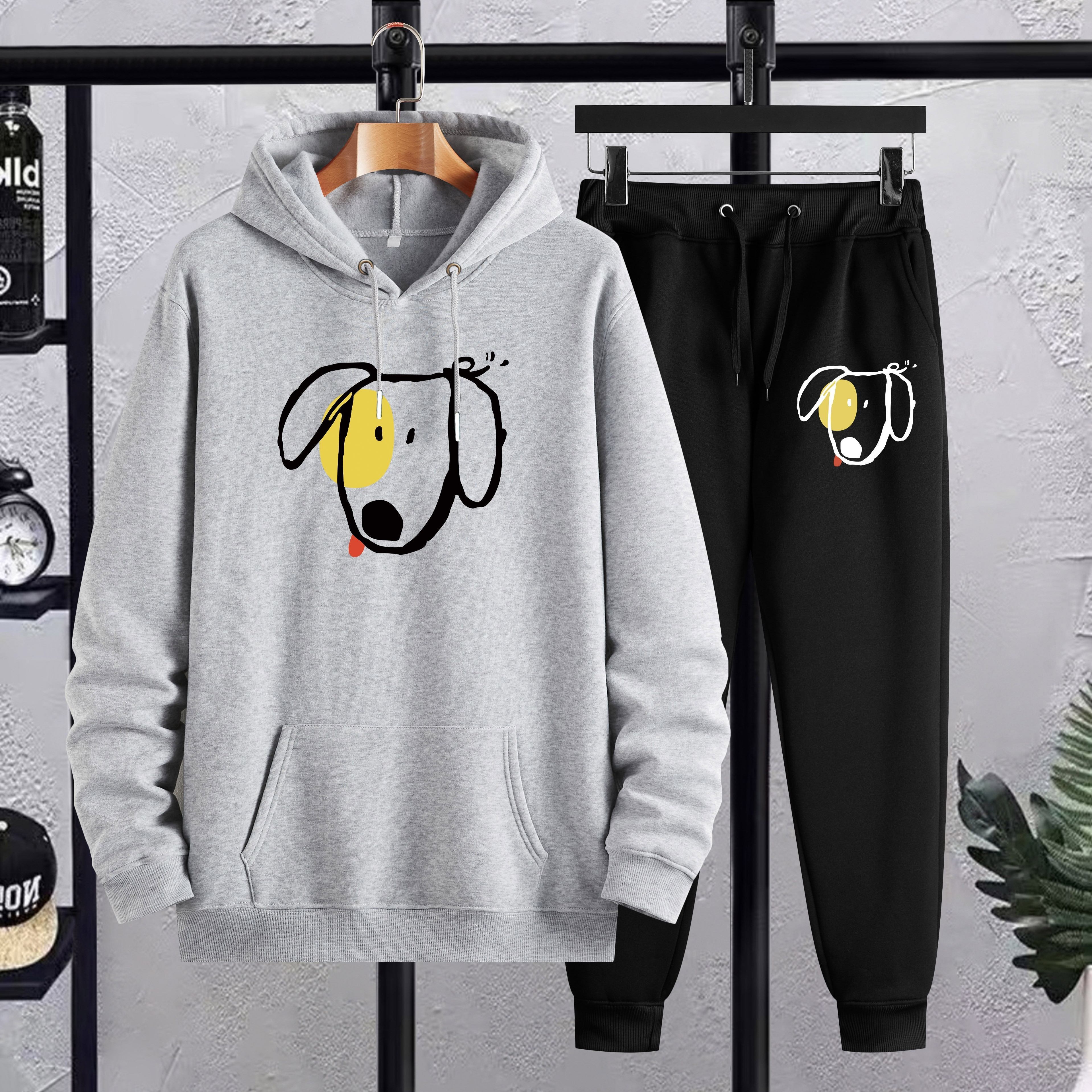 

cute Dog" Element Graphic Print Men's Casual Hoodies & Pants Sets, Oversized Loose Clothing Plus Size For Winter Fall