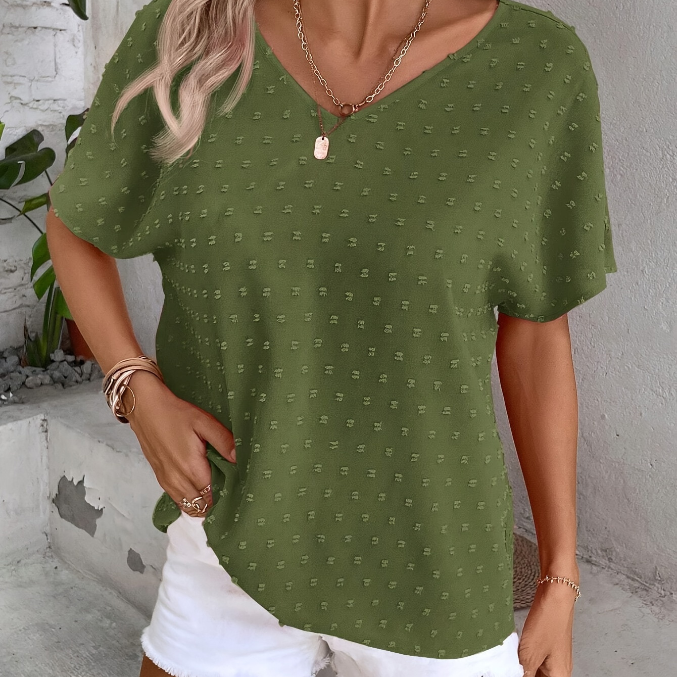 

Swiss Dot V Neck Blouse, Casual Short Sleeve Blouse For , Women's Clothing