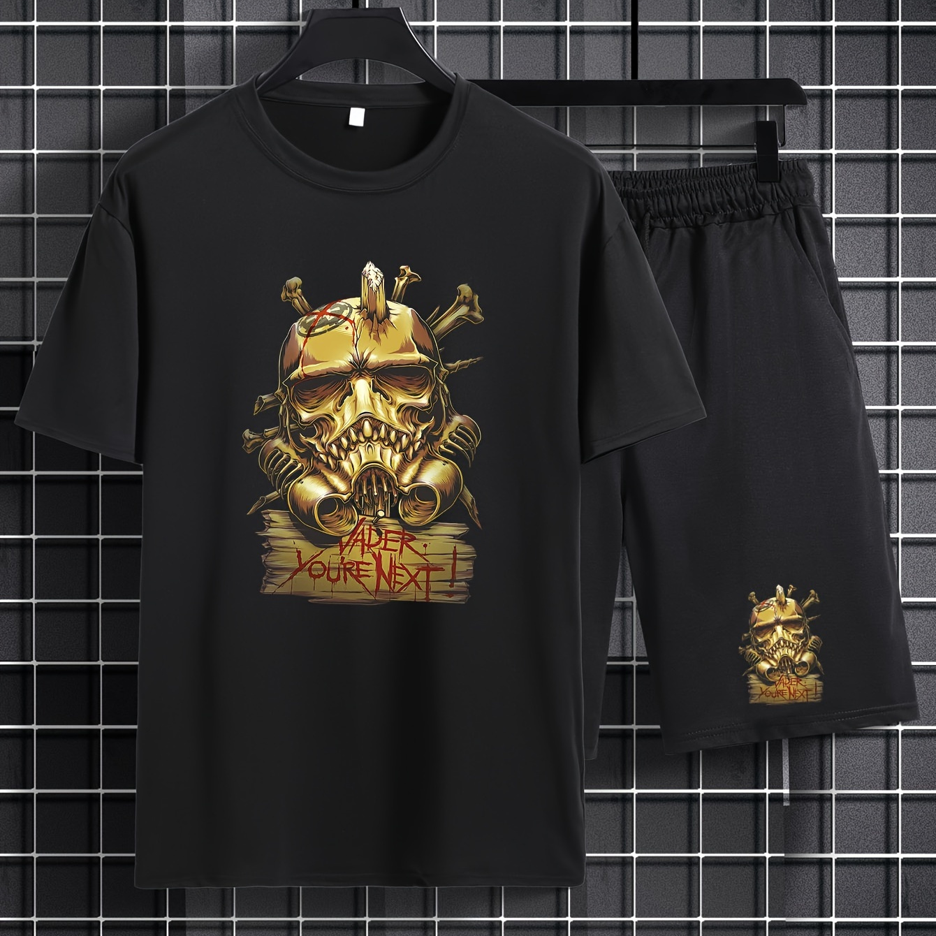 

Gold Skull Print, Mens 2 Piece Outfits, Comfy T-shirt And Casual Drawstring Shorts Set For Summer, Men's Clothing