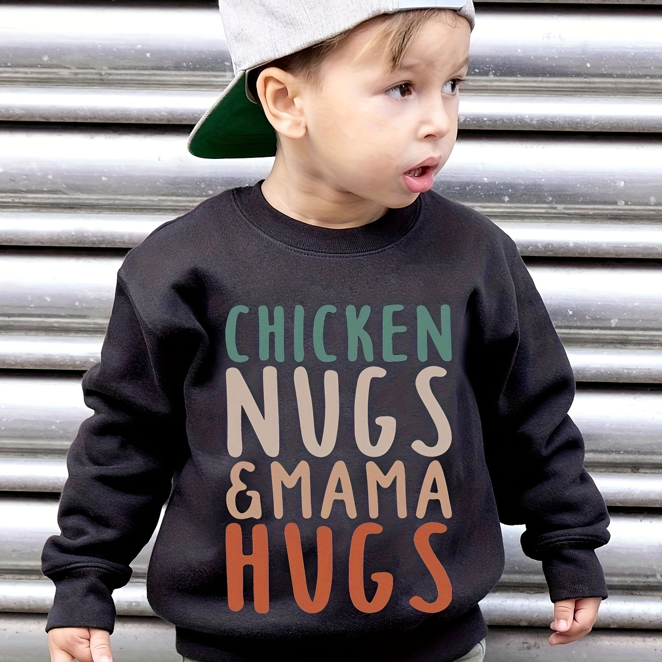 

Chicken Nugs&mama Hugs Letter Graphic Print Boys Warm Fleece Sweatshirt: Thick And Cozy Top For Spring Fall Winter Season