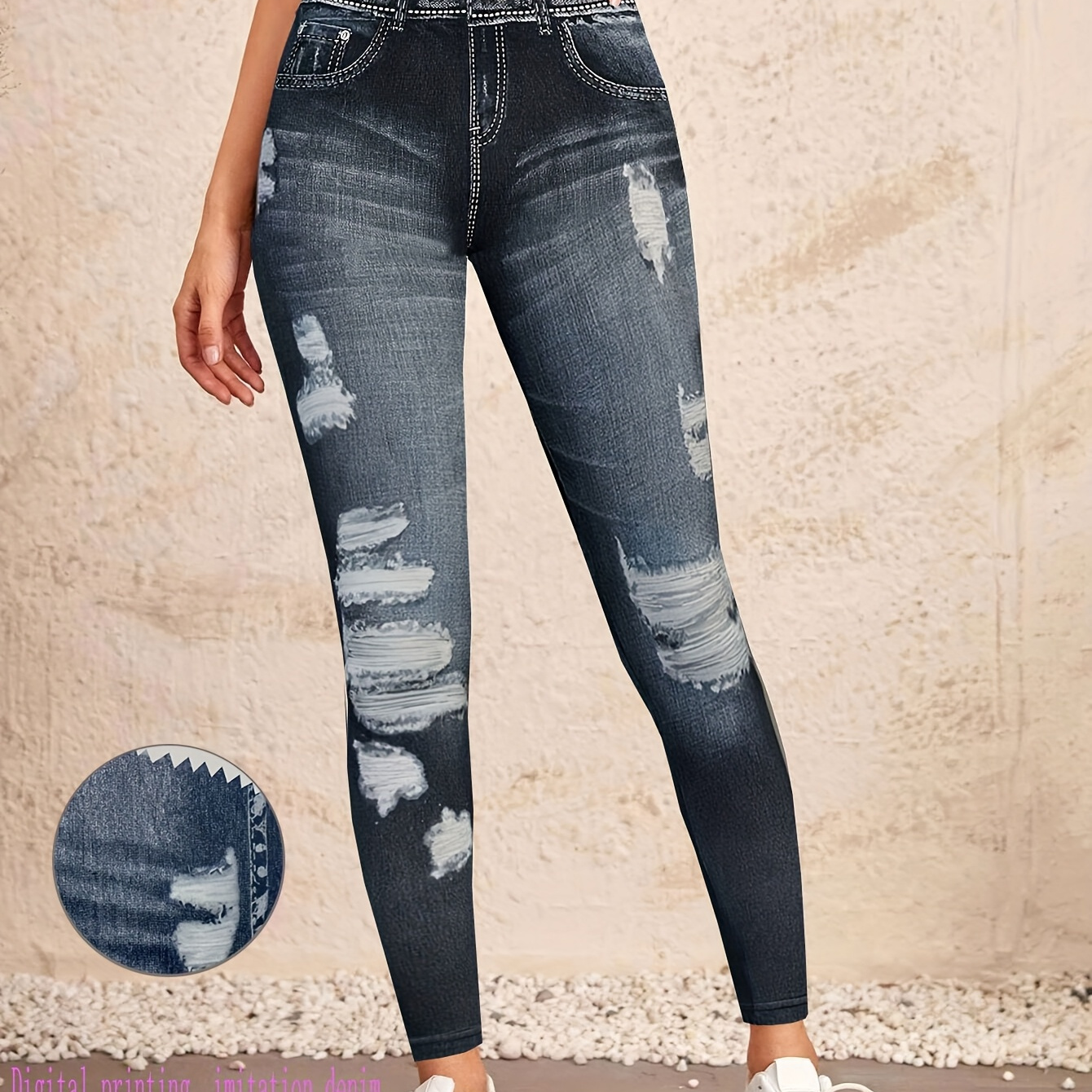 

1pc Daerling Women' Skinny Jeans, , Polyester Knit Fabric, Printed Pattern, Adult Denim-look Pants