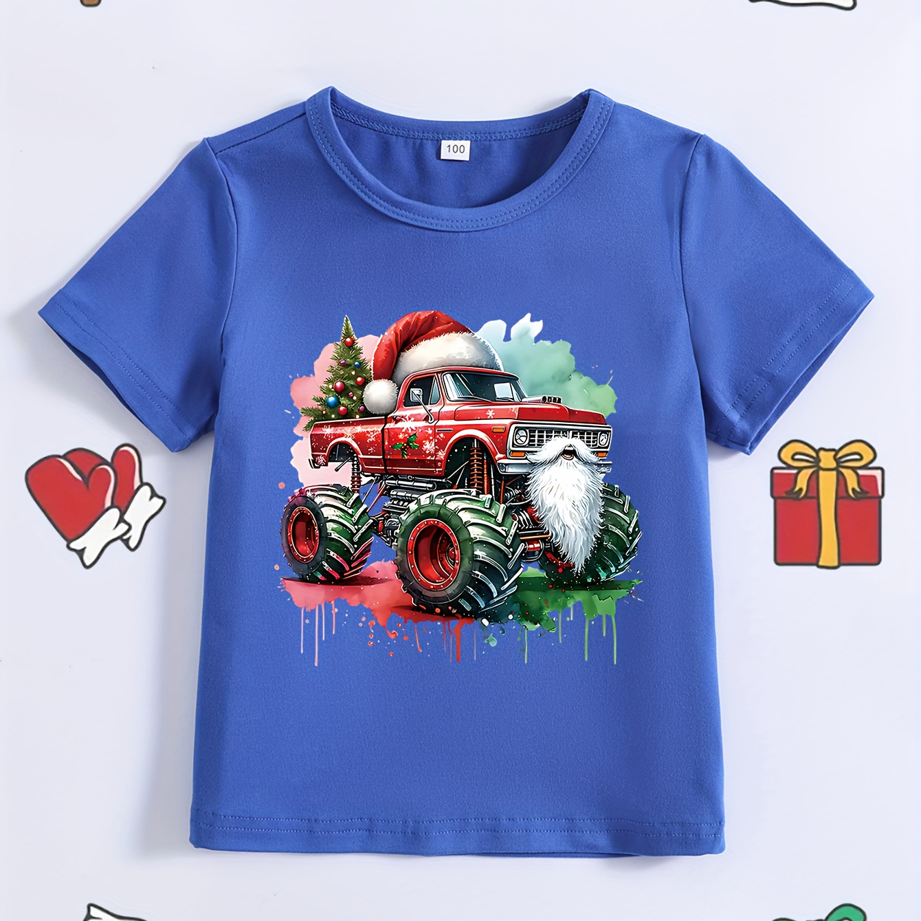 

T-shirt à col rond confortable à manches courtes pour garçon avec imprimé de camion de Noël, motif tendance, idéal pour décontractées et les activités à .